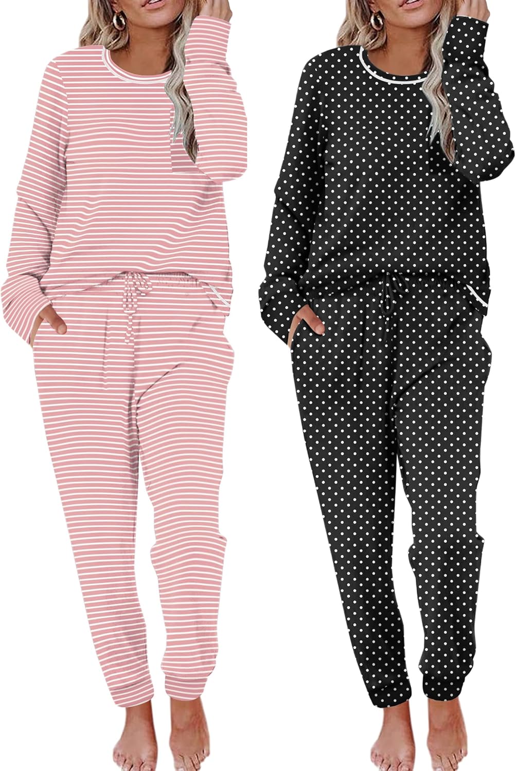 Ekouaer 2 Pack Womens Pajama Sets Long Sleeve Lounge Sets Soft Pj Sleepwear Loungewear