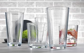 Le'raze Set of 16 Heavy Base Ribbed Durable Drinking Glasses Includes 8 Cooler Glasses (17oz) and 8 Rocks Glasses (13oz), Clear Glass Cups - Elegant Glassware Set