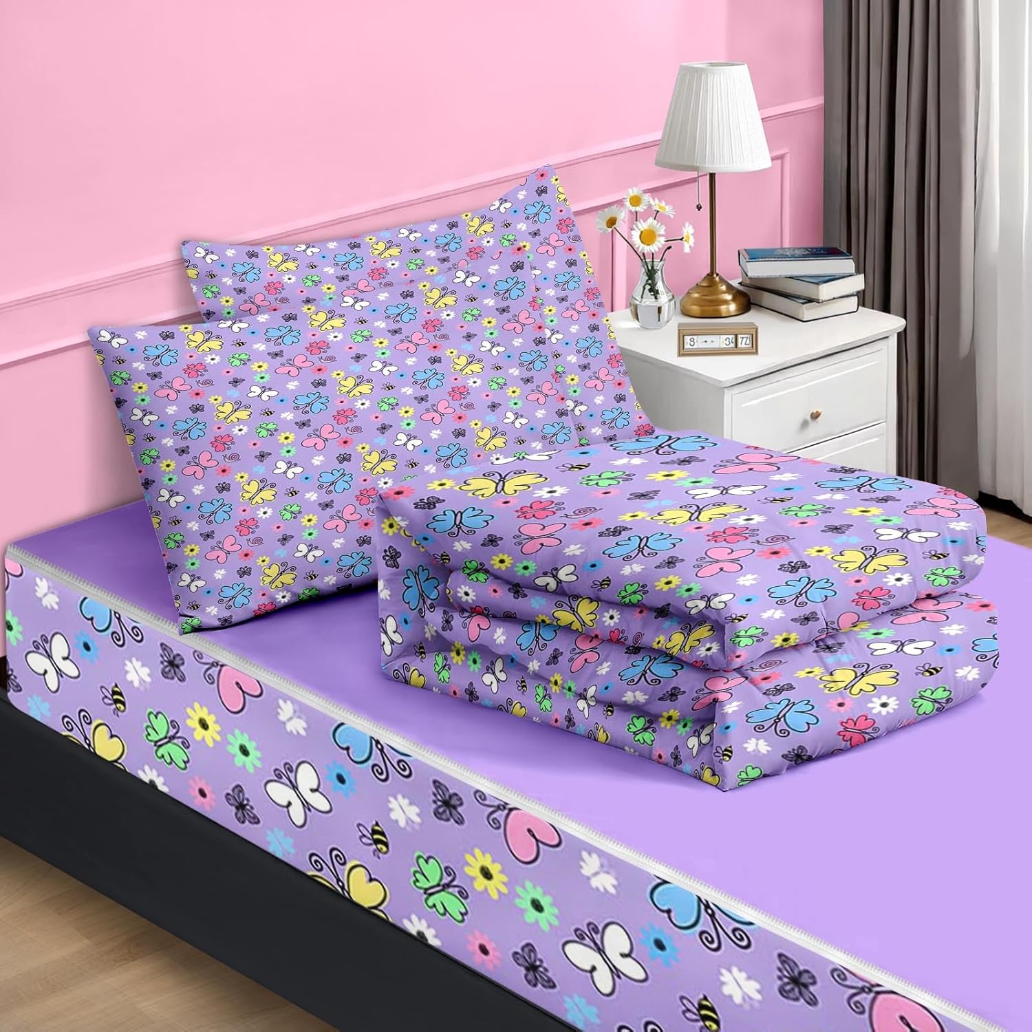 Nesker Zipper Bedding Twin Colorful Butterfly Zip Up Bedding Set for Girls and Kids, Cute Cartoon Flowers 3 Pcs Comforter Bed in a Bag with Fitted Sheet and 2 Pcs Pillowcases - Image 2