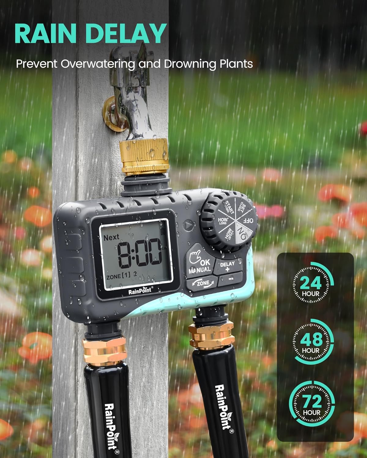 RAINPOINT Sprinkler Timer 2 Outlet, Water Timer for Garden Hose, for Yard Outdoor Watering, Rain Delay/Manual/Automatic System Controller Brass Inlet, V2 - Image 8