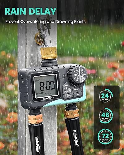 Miniatura 8 de RAINPOINT Temporizador de rociadores de 2 salidas, temporizador de agua para manguera de jardín, para riego al aire libre, retardo de
