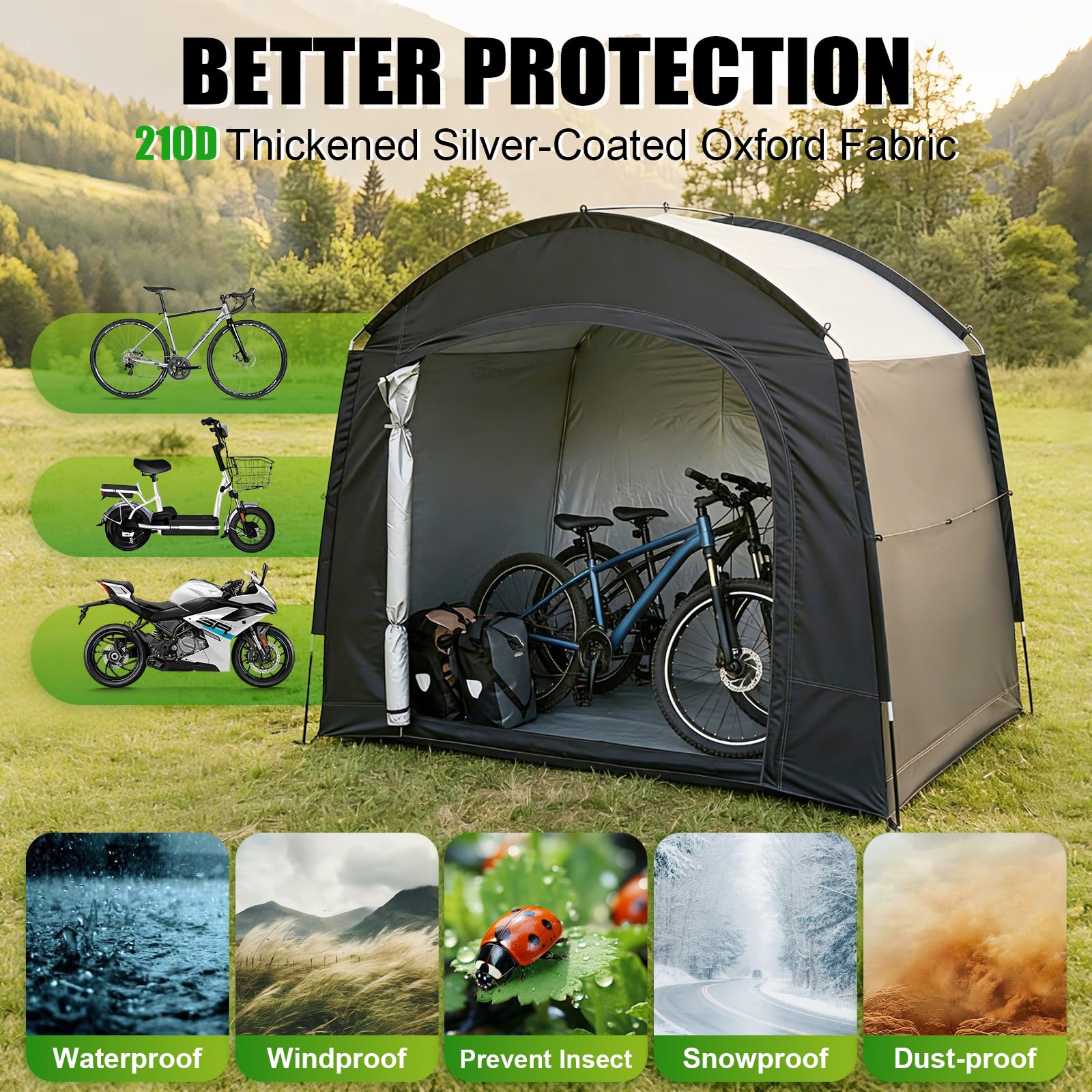 Tenda di Stoccaggio per 1-5 Biciclette Impermeabile Portatile da Esterno， Copertura Garage Oxford 210D con Finestra Ventilata, per Moto, Tosaerba e Attrezzi da Giardino, Nero