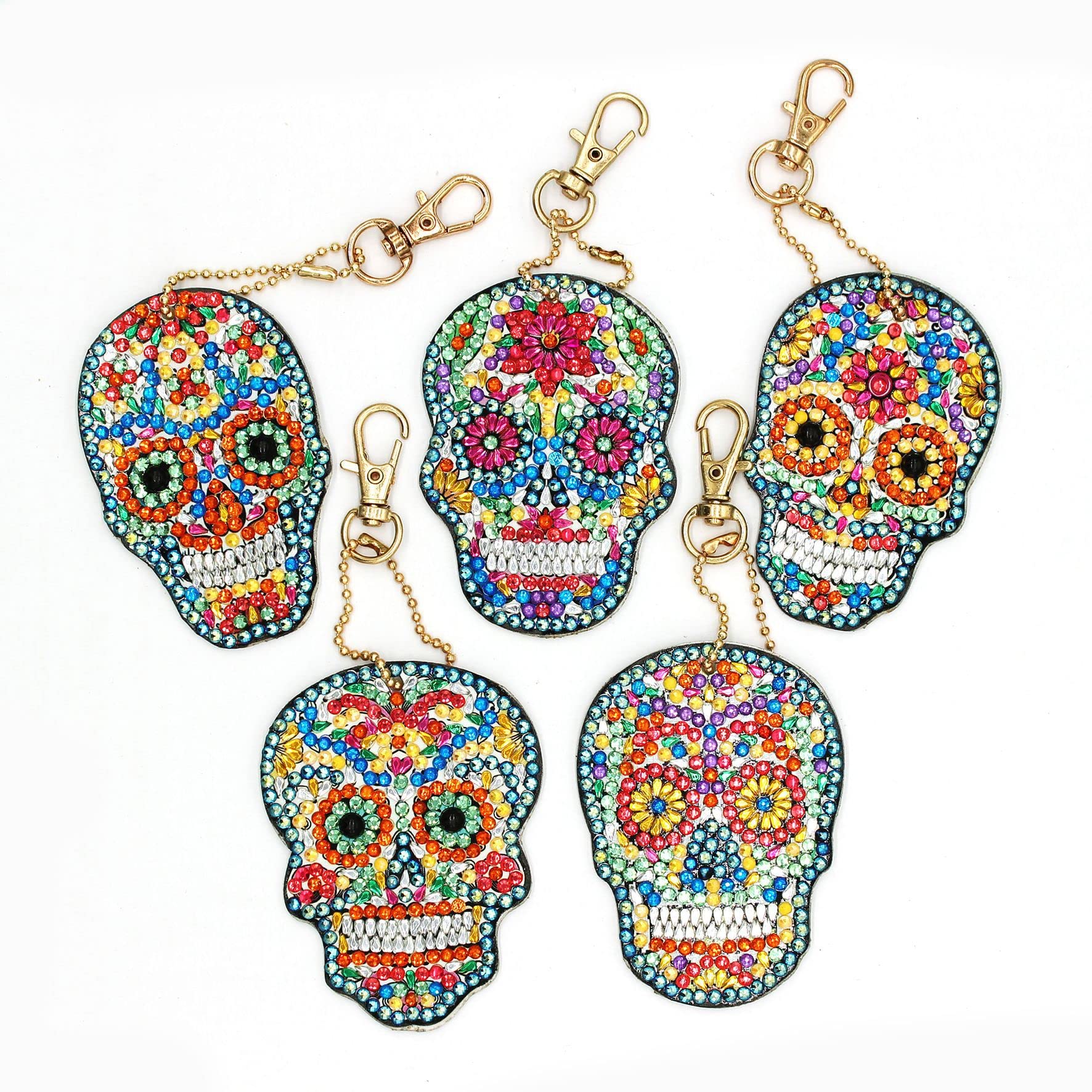 5 Pcs Sugar Skull DIY Diamond Painting Keychains Kit, Diamond Art Keychains for Women Men Kids, Crystal Rhinestone Diamond Skull Hanging Charms for Bag, Purse, Phone or Car Decoration