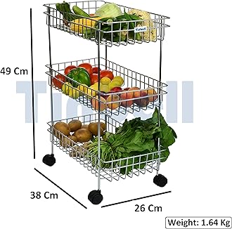 Tinbell Stainless Steel Kitchen Trolley, Fruits & Vegetable Trolley Container, Basket Organizer Holder Stand for Kitchen, Multipurpose Kitchen Trolley with Wheel (3 Shelf)