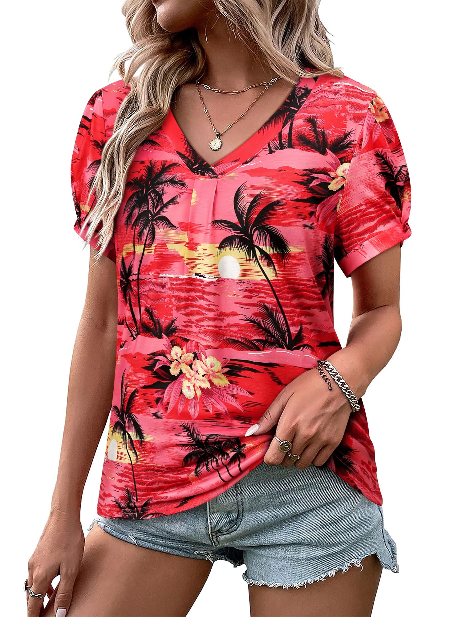 Womens Puff Short Sleeve Hawaiian Shirts Floral Tropic Printed Pleated V Neck Summer Casual T-Shirt Trendy Boho Blouses Tops
