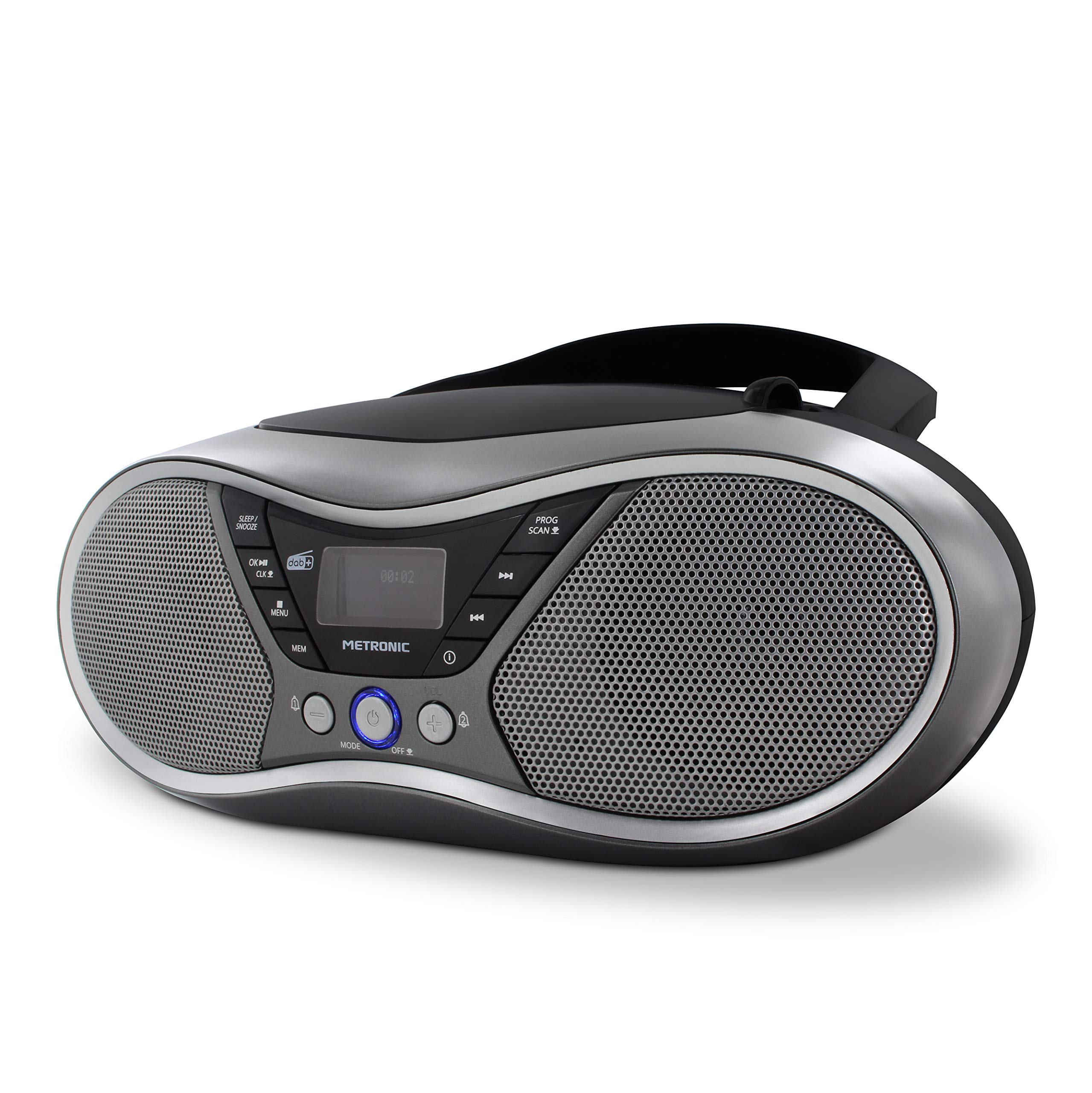 METRONIC 477171 Lecteur CD MP3 numérique DAB+ et FM RDS avec port USB, entrée audio, sortie casque, fonction double alarme - Gris et Noir