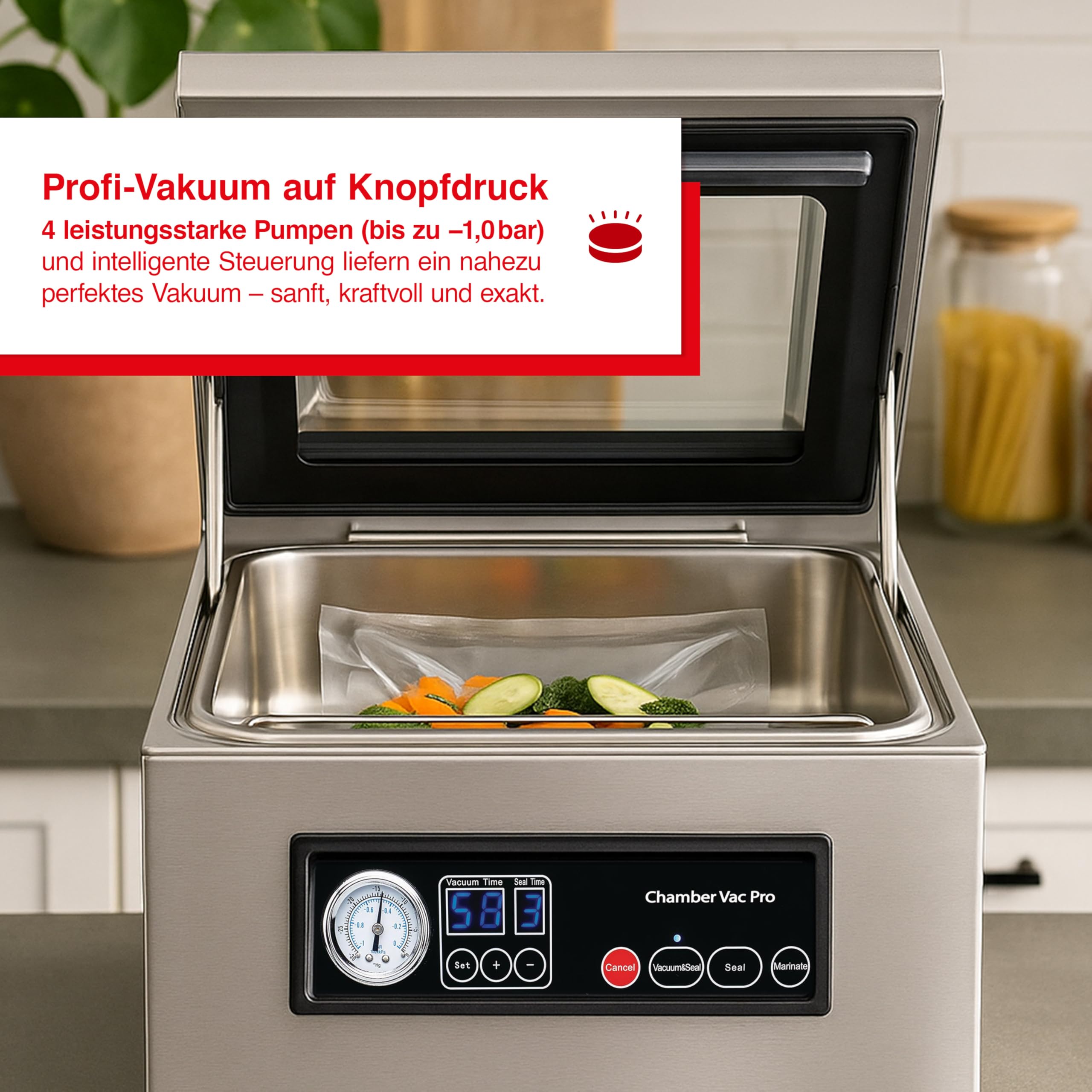 Solis Chamber Vac Pro 5702 Kammervakuumierer - Vakuumiergerät - Für Trockene und Feuchte Lebensmittel sowie Flüssigkeiten - Marinierfunktion - Inklusive 30 Vakuumbeutel - 7L Fassungsvermögen | 7L Kammer, 4 Pumpen, 350W, Flüssigkeiten vakuumieren, Marinier