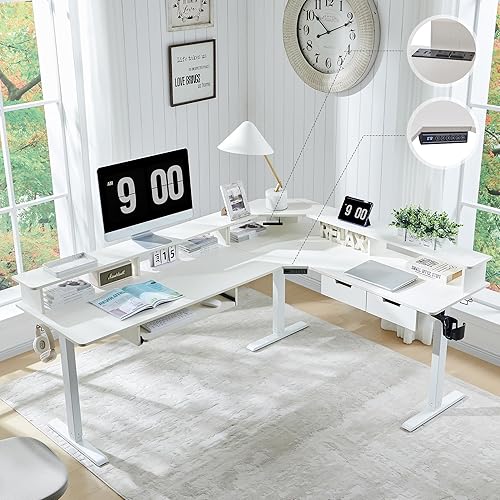RedLemon Escritorio eléctrico de pie en forma de L de 75 x 60 pulgadas, escritorio de esquina ajustable en altura con cajones, bandeja para teclado,