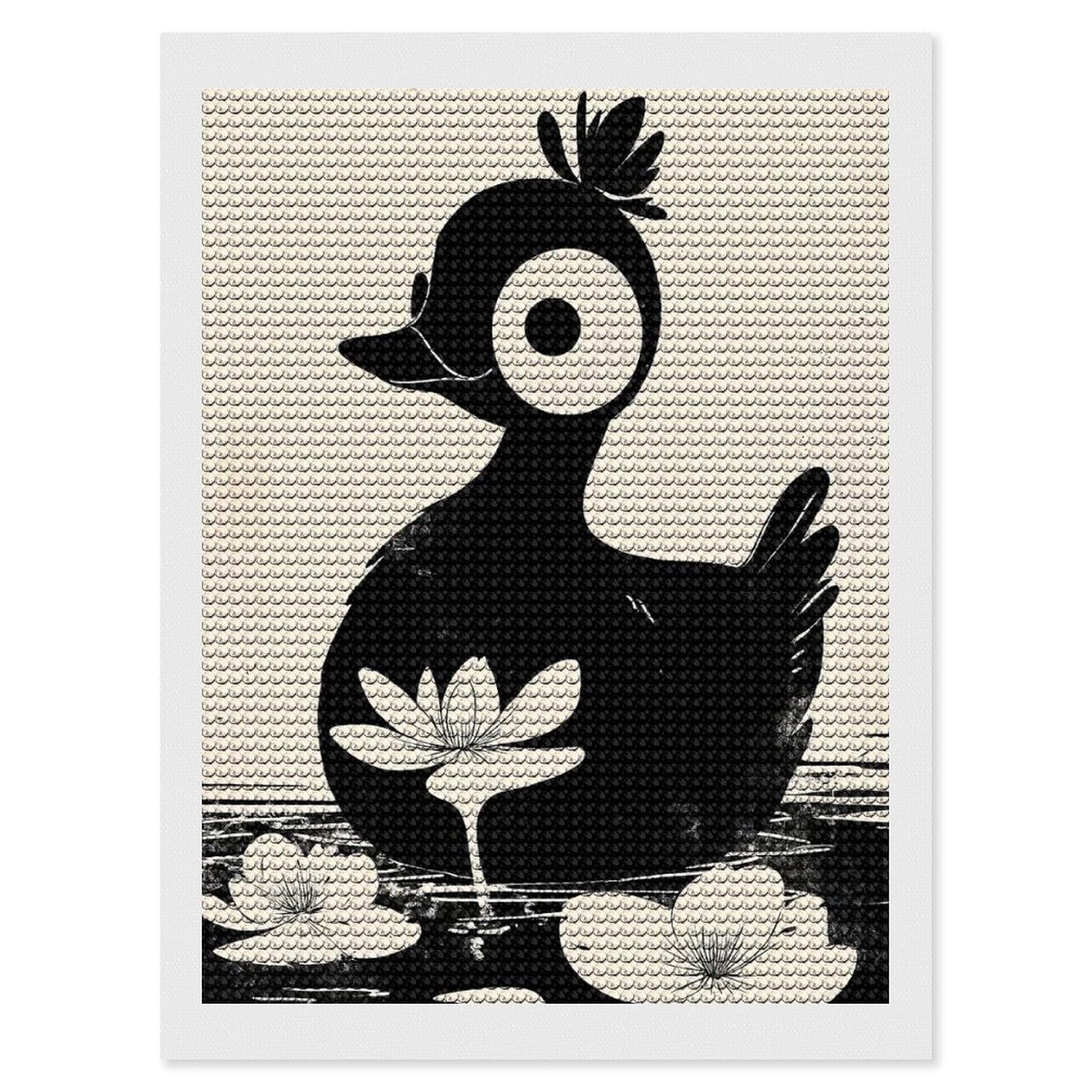 Junmoney Black and White Duck Illustration DIY Diamond Art Canvas Kit 12"x16", Winter Craft, Mindful Craft Project, Aesthetic Room Decor, Decor Project
