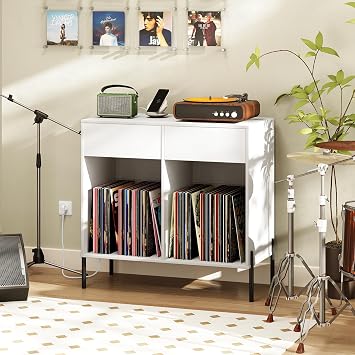 COSTWAY Record Player Stand with Charging Station, Turntable Stand End Side Table with 2 Drawers and 6 Dividers, Metal Legs Albums Vinyl Record Storage Cabinet Holder for Living Room Bedroom (White)
