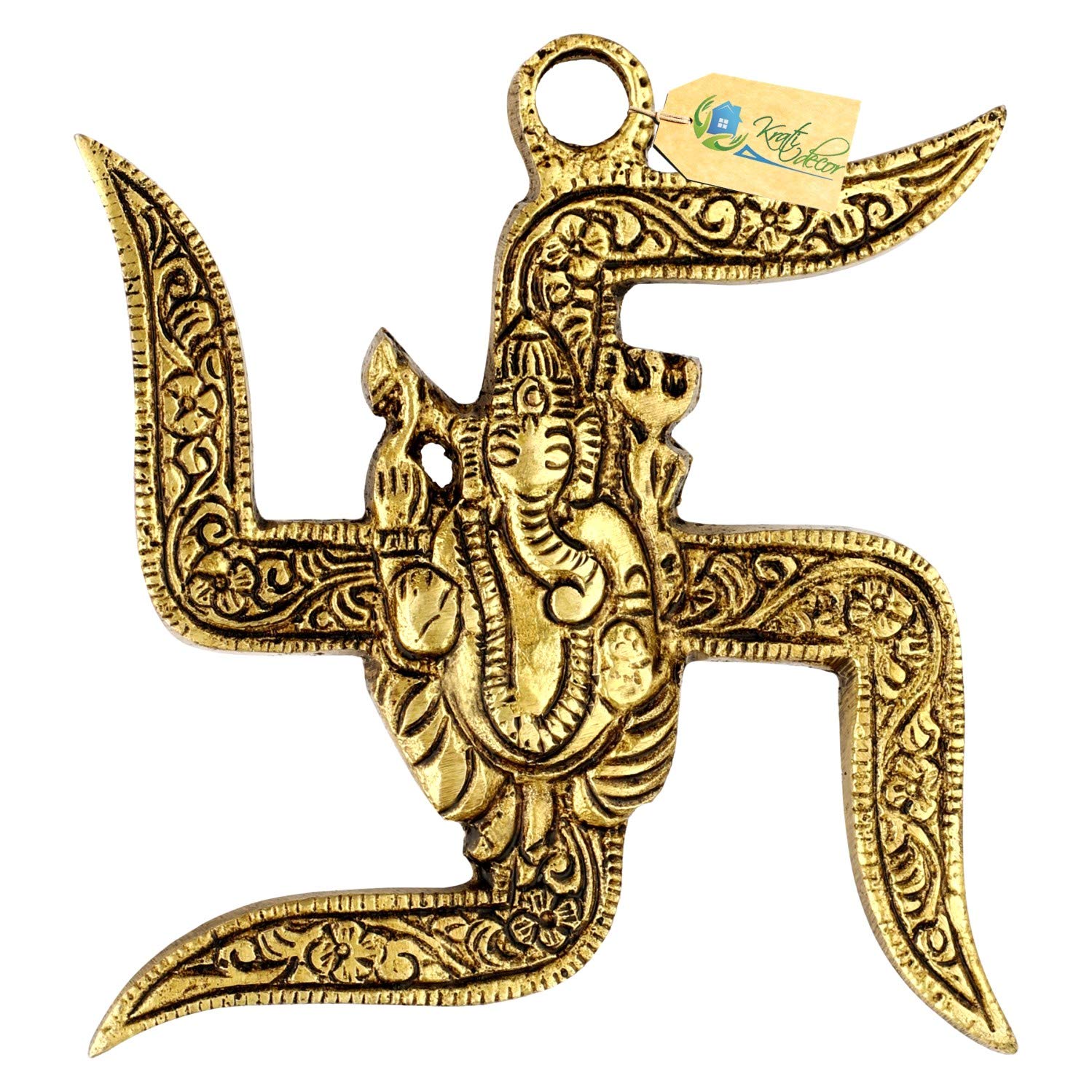 Kratidecor Swastik Ganesha Brass Wall Hanging Decorative Showpiece (Yellow Antique)