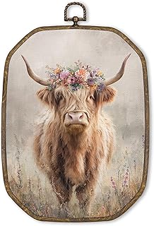 MORDMODUCK Vintage Highland Cow Octagon Wall Art Decor, Rustic Farmhouse Western Canvas Prints Framed Artwork, Cottagecore Farmhouse Flower Cow Wall Art for Home Bedroom Living Room Decor, 10.2x7 Inch