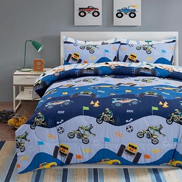 A Nice Night 5Pcs Bed in A Bag Cartoon Cartoon Car Kids Comforter Set Construction Bedding Set, Race Car Motorcycle Truck Pickup Printed, Twin,Dark Blue