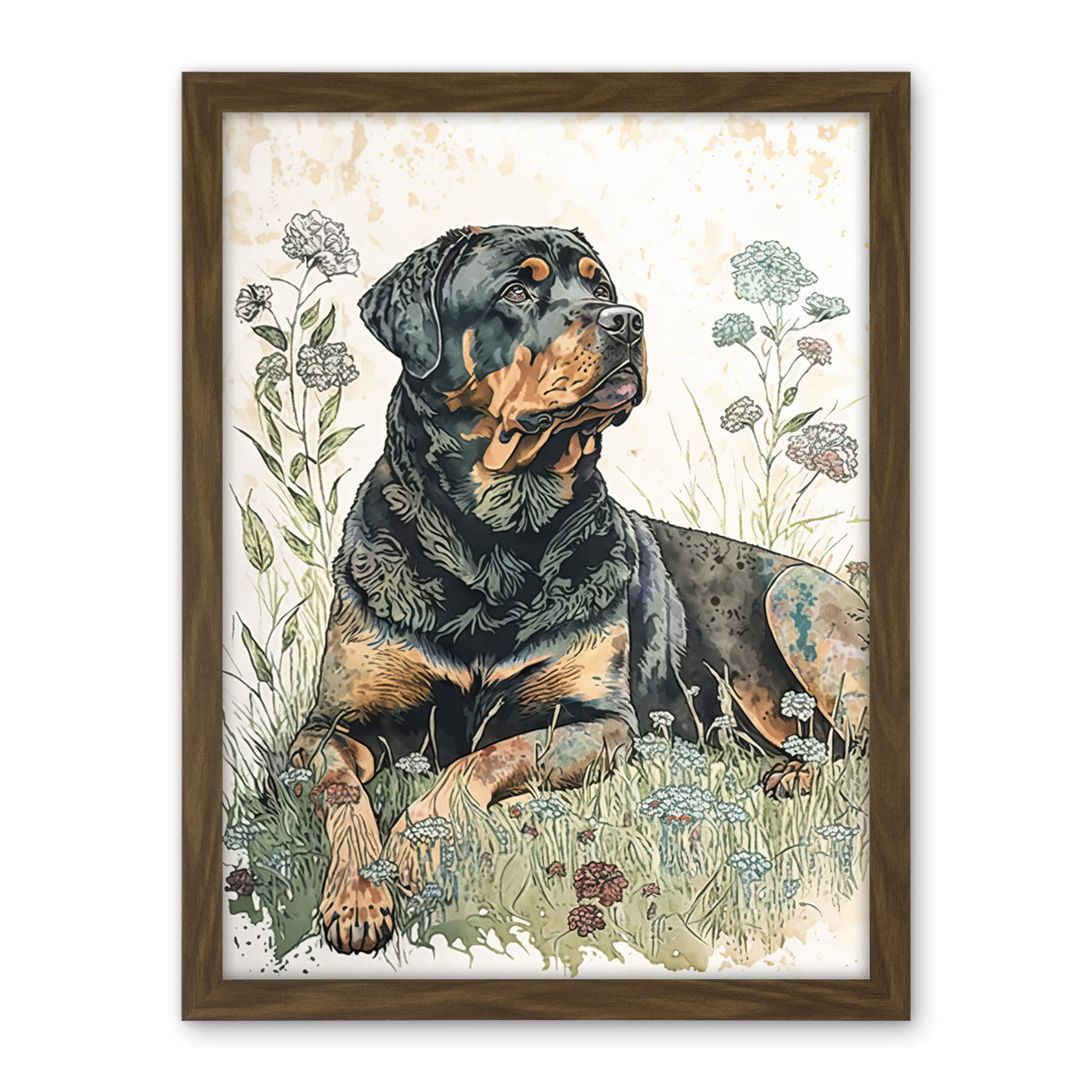 Artery8 Rottweiler Dog Lying in Wildflowers Bright Watercolour Illustration Artwork Framed Wall Art Print 18X24 Inch