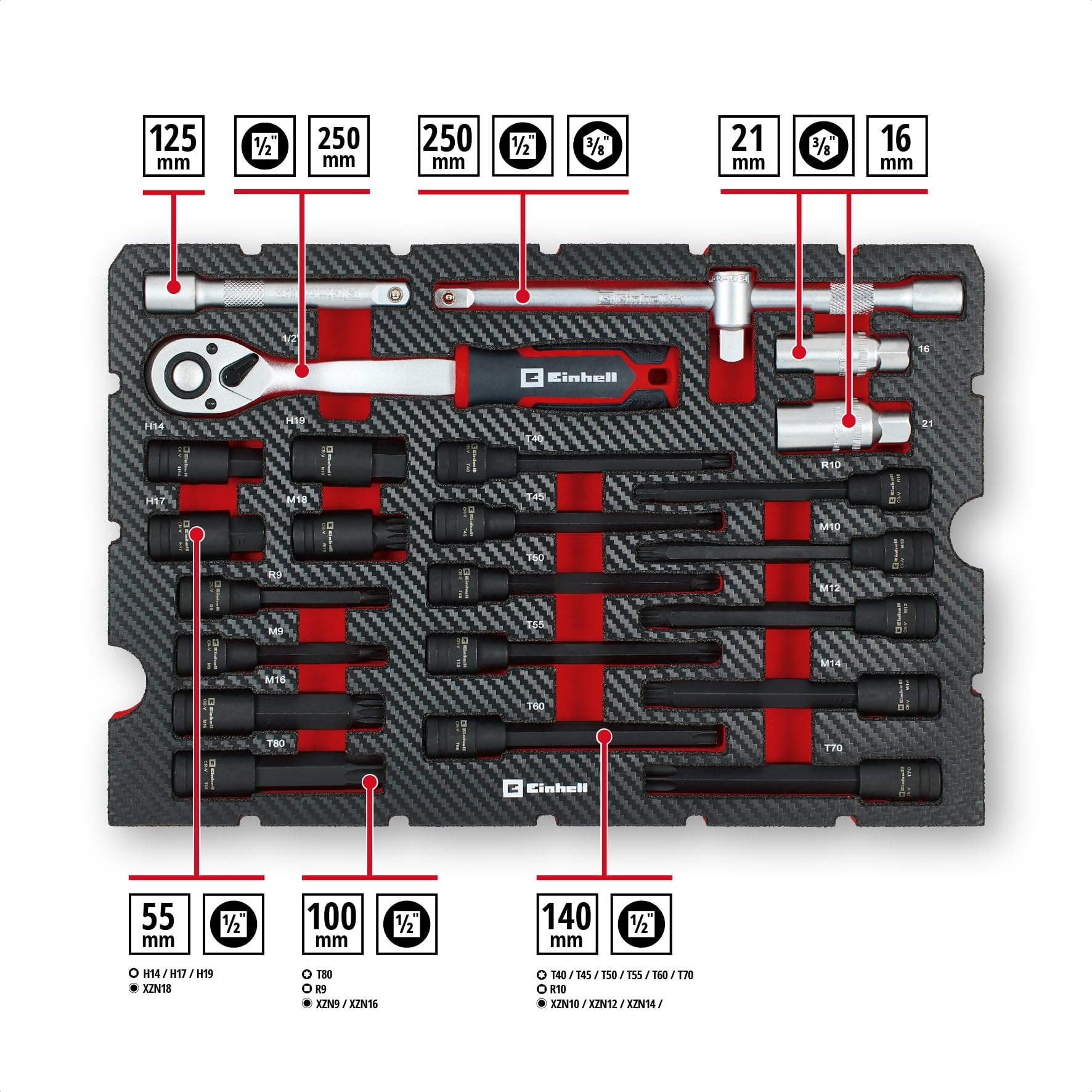 Einhell - Caja de herramientas para automóviles (Car Pro, llaves de impacto, puntas especiales, herramientas de bujía, trinquetes, caja de almacenamiento)
