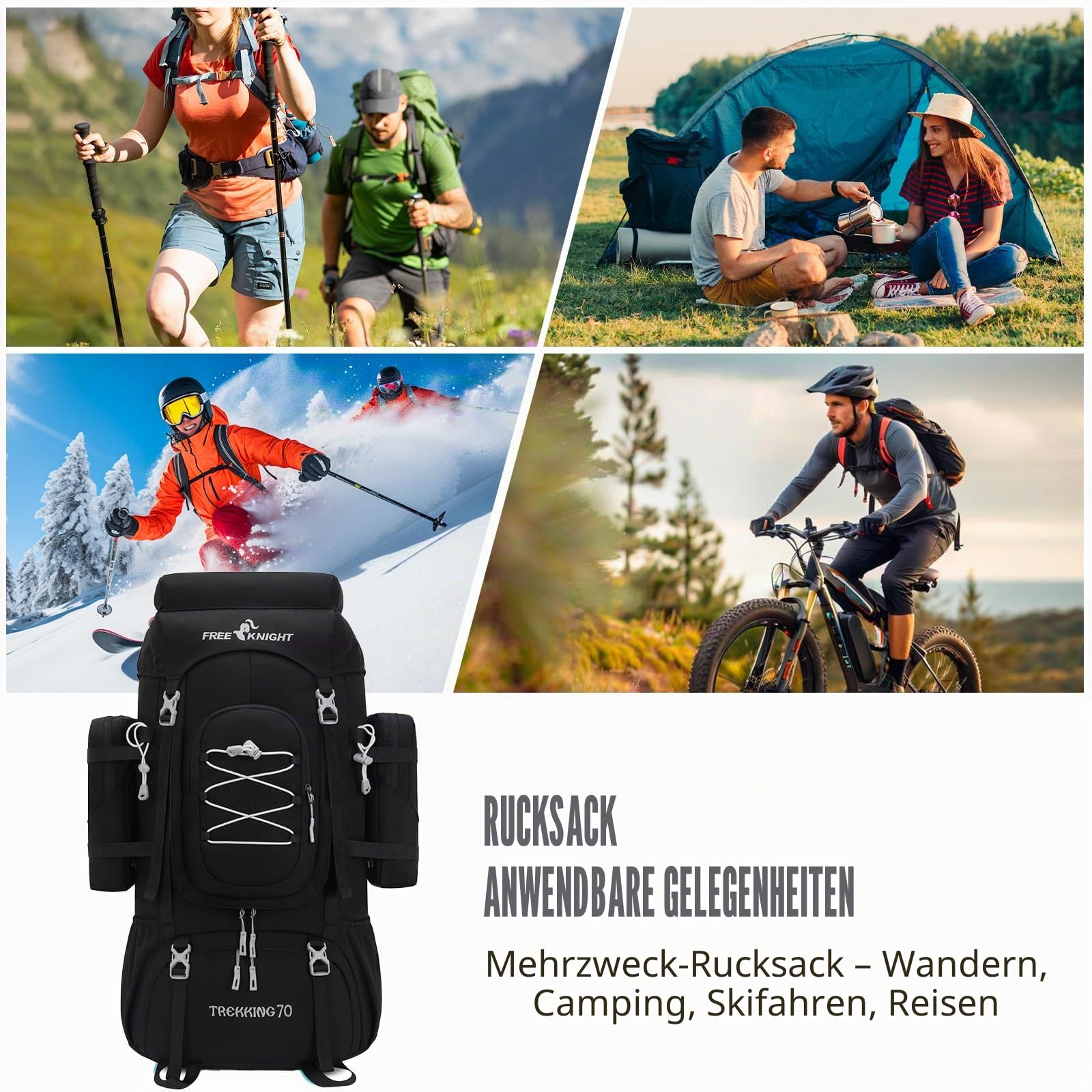 Bseash 70L (65+5) Wasserdichter Wanderrucksack mit Regenschutz, Outdoor-Sport, Reisen, Tagesrucksack für Klettern, Touren (Schwarz)