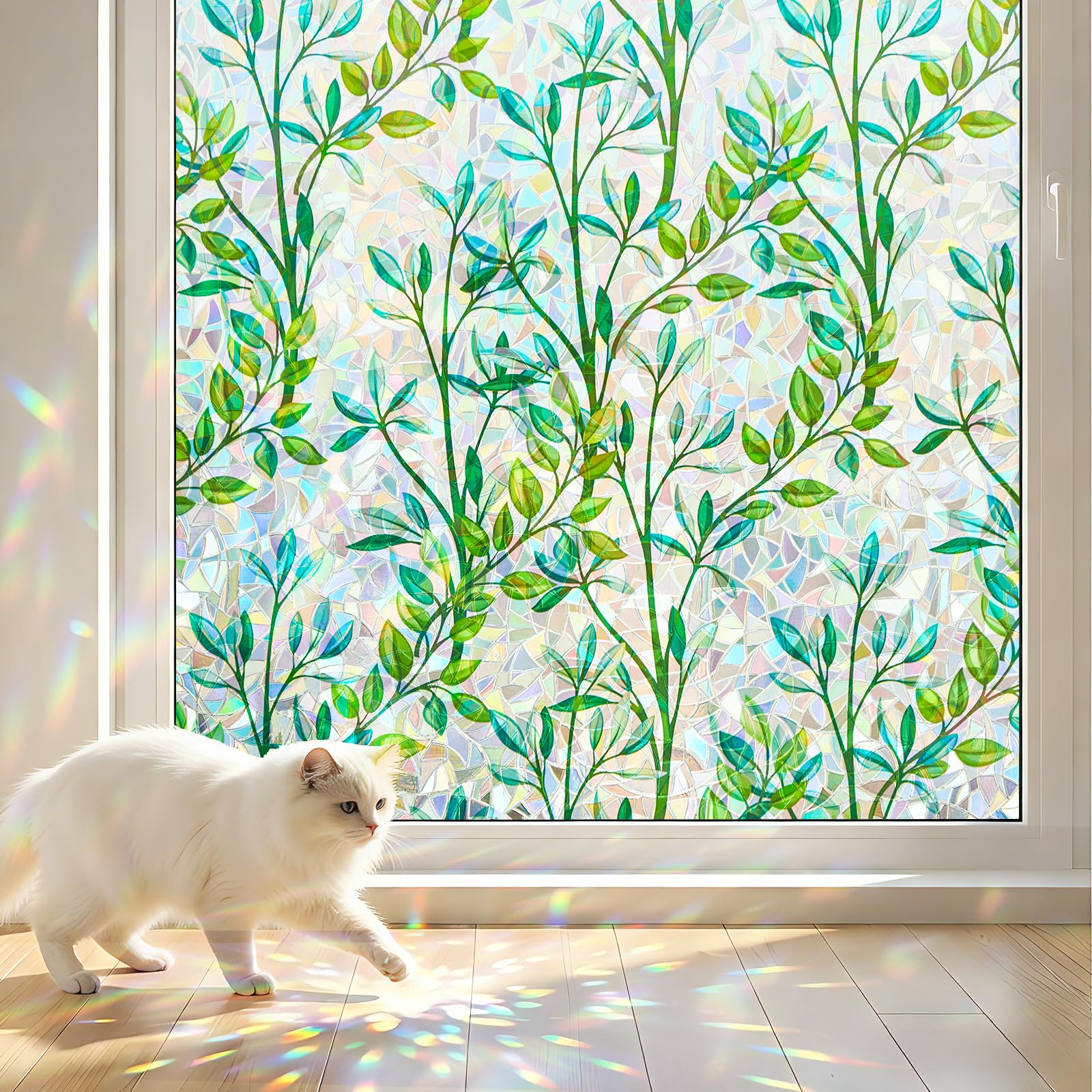 Lifetree Rainbow Window Film Privacy Film for Glass Windows 60 * 200cm, Static Cling No Glue Decorative Green Leaves Pattern Anti UV Vinyl for Home Bathroom — image 1
