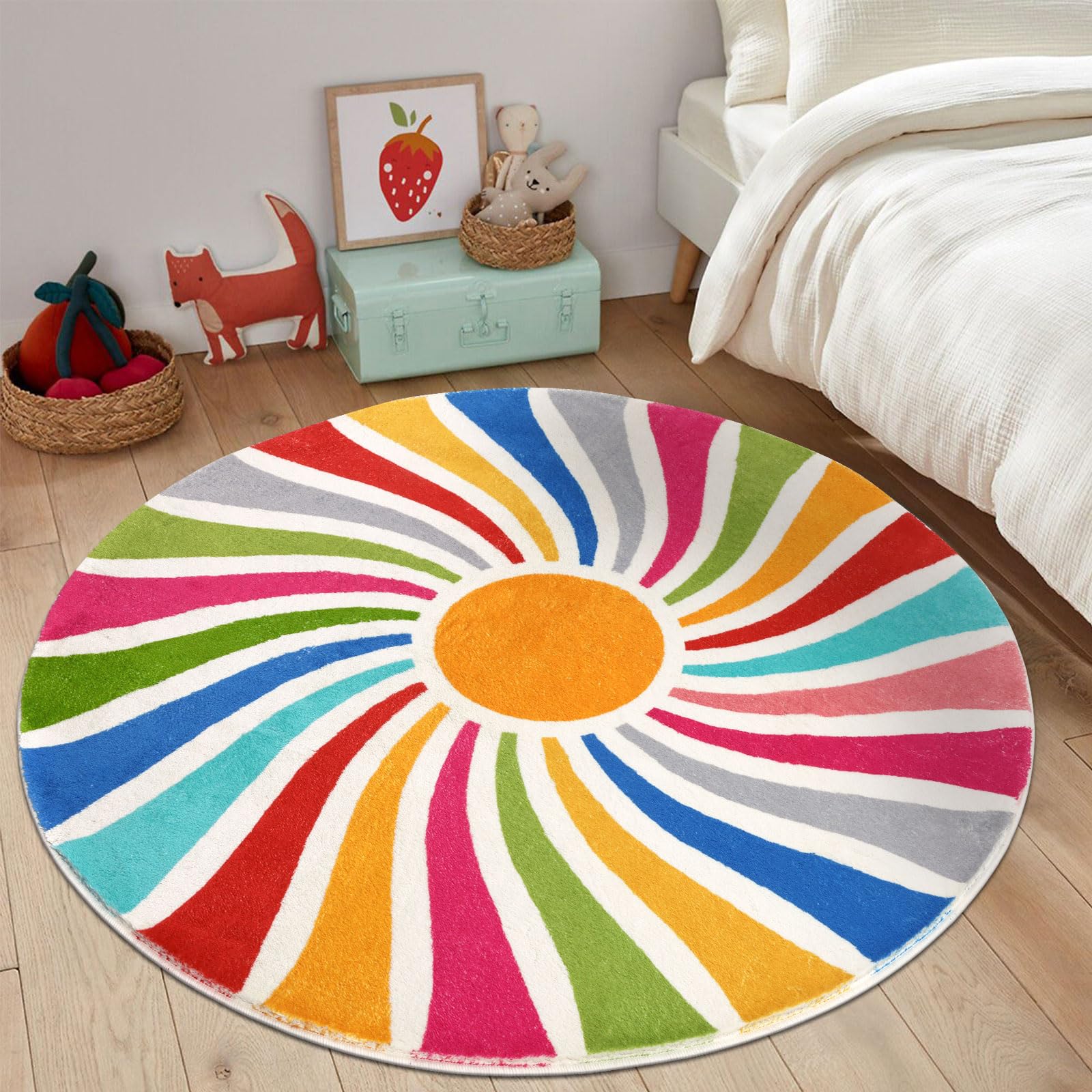 Topotdor Runder Teppich mit Sonnenregenbogen, bunt, Boho-Kinderteppich, ultraweich, waschbar, für Schlafzimmer, Perschool Klassenzimmer, 119,4 cm rund