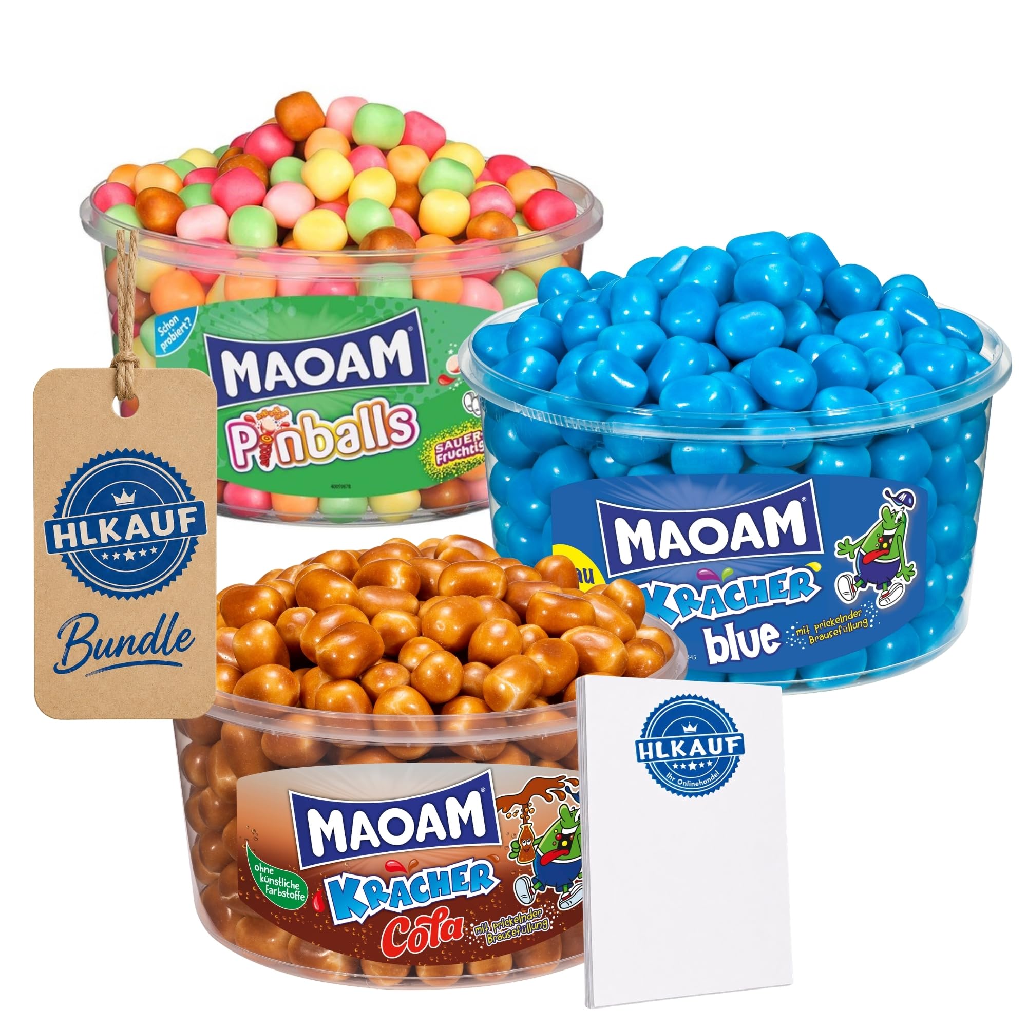 HLKauf Bundle Maoam Kracher: 3er Set Cola, Pinballs & Blue Kaubonbon Süßigkeiten Sets für Büro, Party, Kindergeburtstag, Großpackung & Notizblock