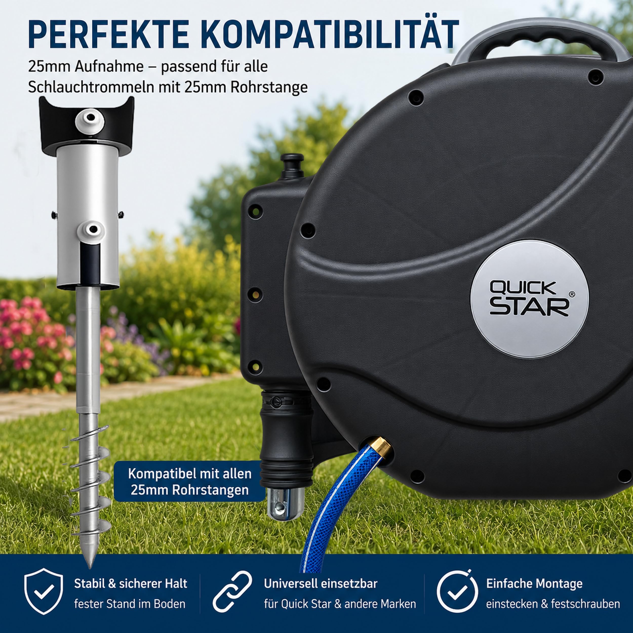 QUICK STAR Erdspieß für Schlauchtrommel Halter Hallterung mit Universalkupplung Bodenanker Gartenschlauch aus Aluminium & verzinktem Stahl – Stabiler Standfuß für Schlauchaufroller