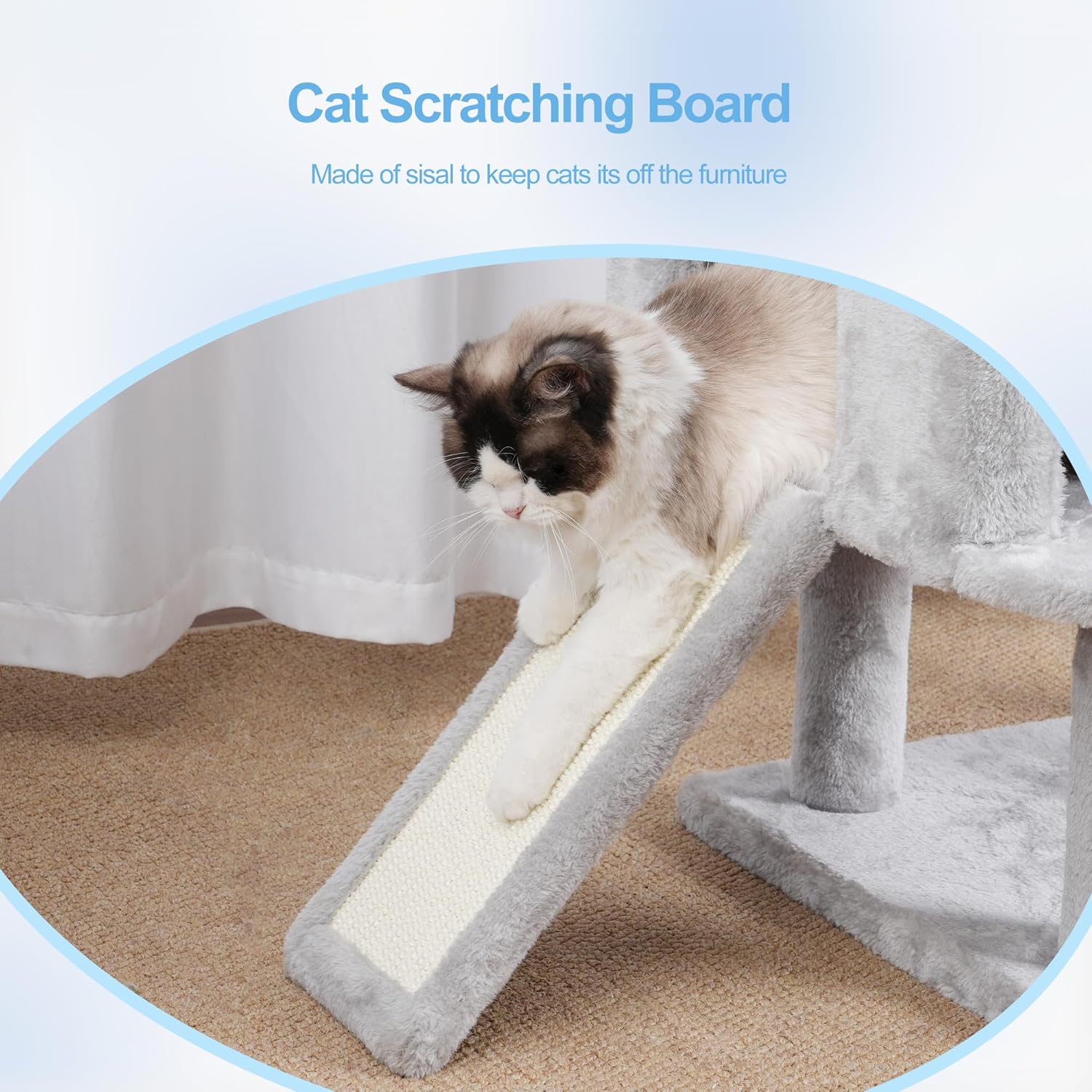 Close-up of a cat using the sisal scratching board on the cat tree ramp.