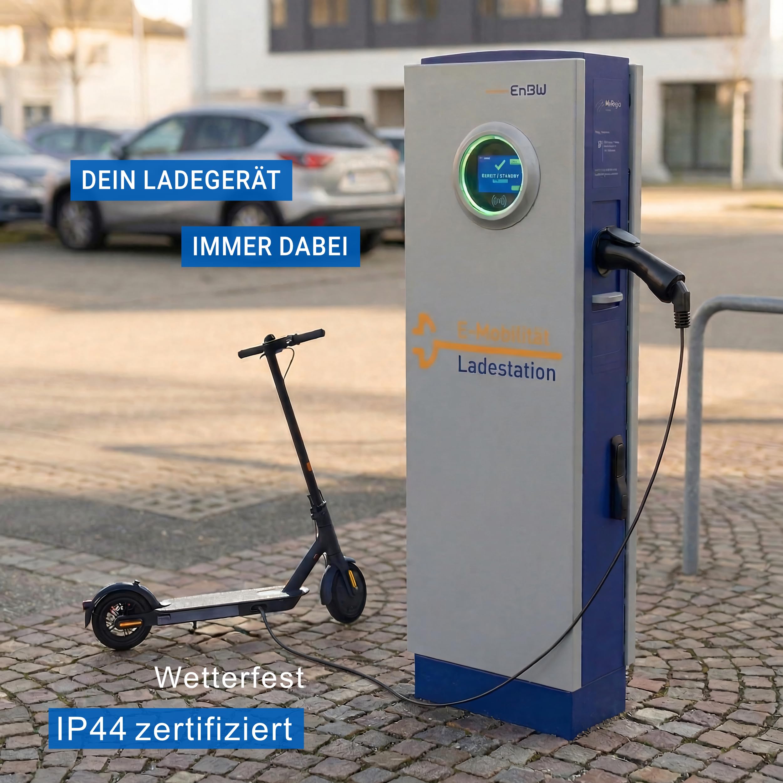 Typ 2 auf Schuko Adapter mit Entriegelung für Ladesäule 16A 3,7kW - Kein Steckenbleiben dank Start- und Stopp-Schalter für E-Bike, E-Scooter, Motorrad