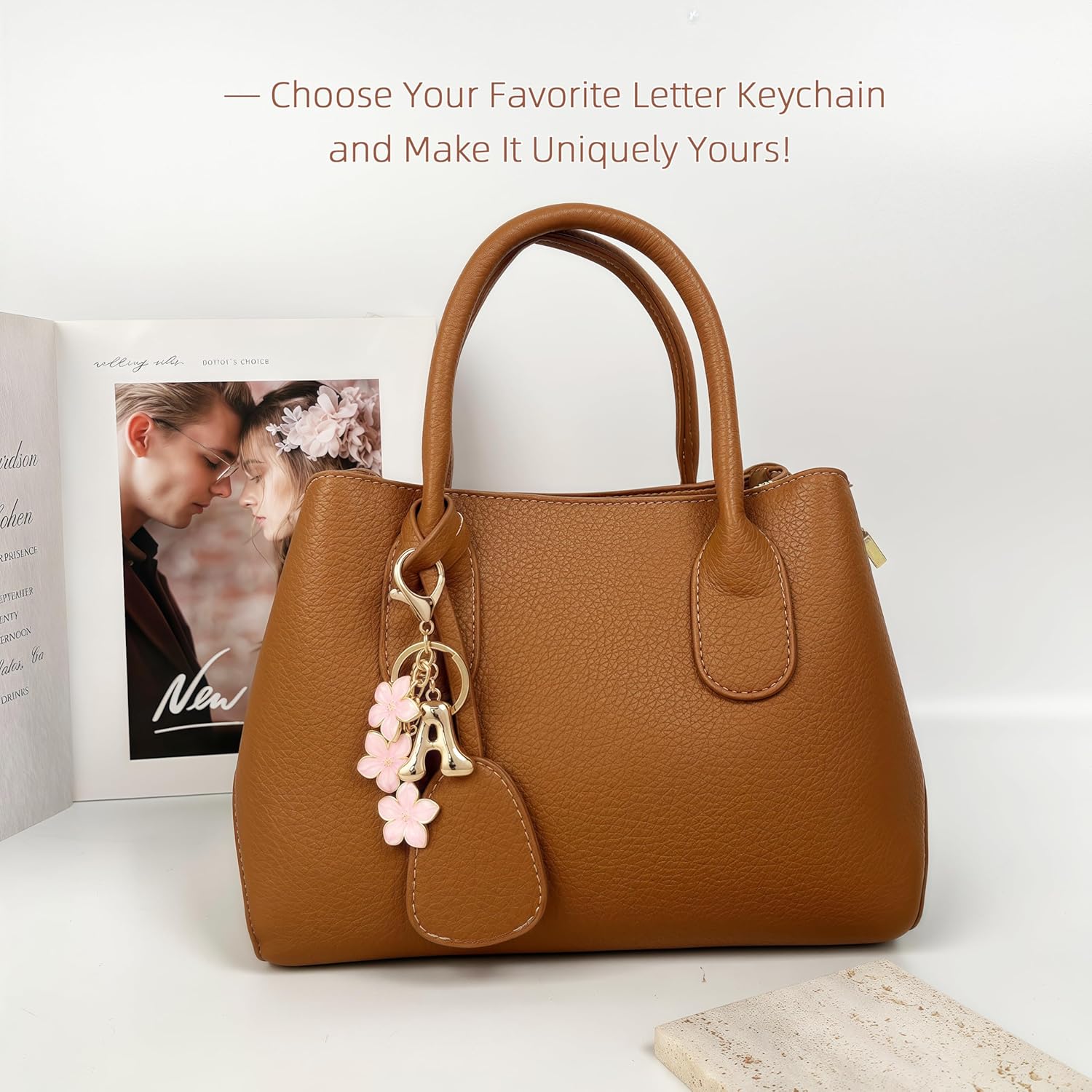 Gold Bubble Letter Keychain, Initial Bag Charms for Handbags, Cute Flower Purse Accessories for Women, Monogram Gift - Image 4