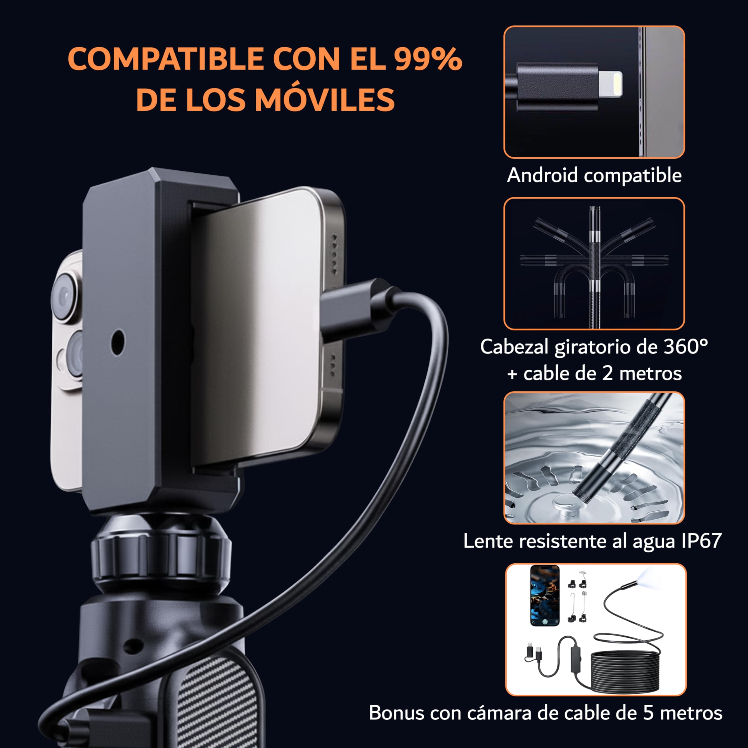 Cámara endoscopica inspección orientable 360º Uso Industrial 1920P Equipado con 8 Leds Cable semirrígido de 1,5 m + endoscopio 5 Metros hurón para canalización mecánica Compatible con Android/iPhone