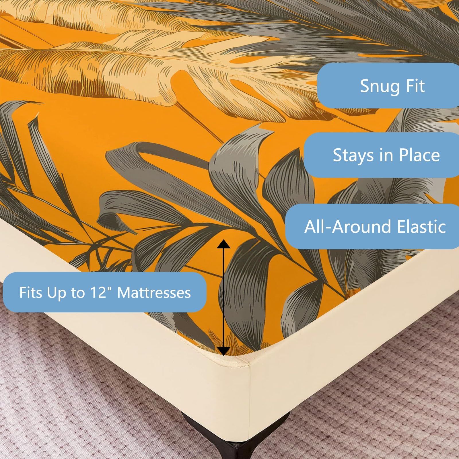 Juego de sábanas bajeras ajustables de 3 piezas, 90 x 200 cm, diseño retro de hojas tropicales de microfibra, suave y acogedora, con 2 fundas de almohada de 80 x 80 cm, colchones de hasta 30 cm