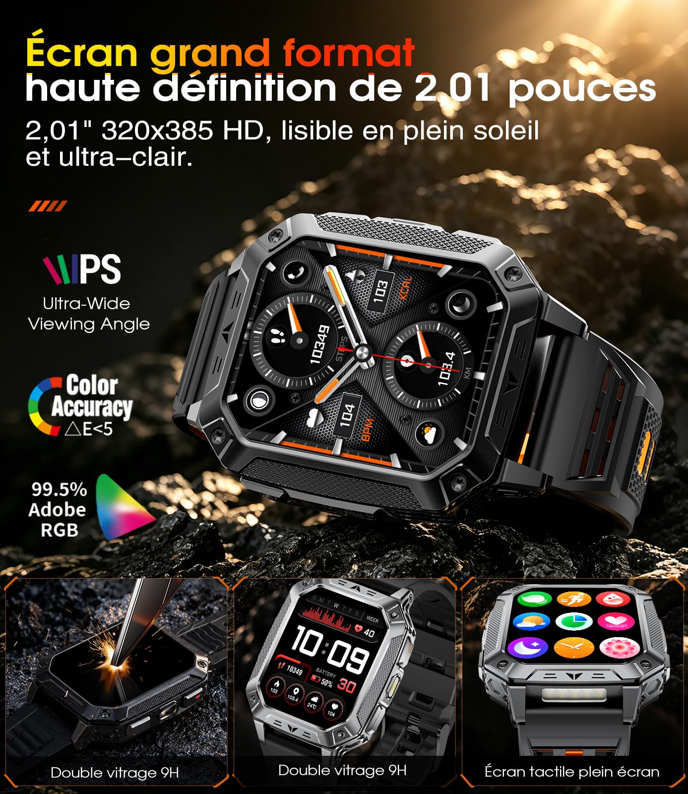 Montre Connectée Homme 1400mAh, 2.01'' Smartwatch avec LED Lampe, 110+ Modes Sportifs, Étanchéité IP68, Appels Bluetooth Smartwatch Militaire, Surveillance Cardiaque 24H,Sommeil, SpO2, Android/iOS
