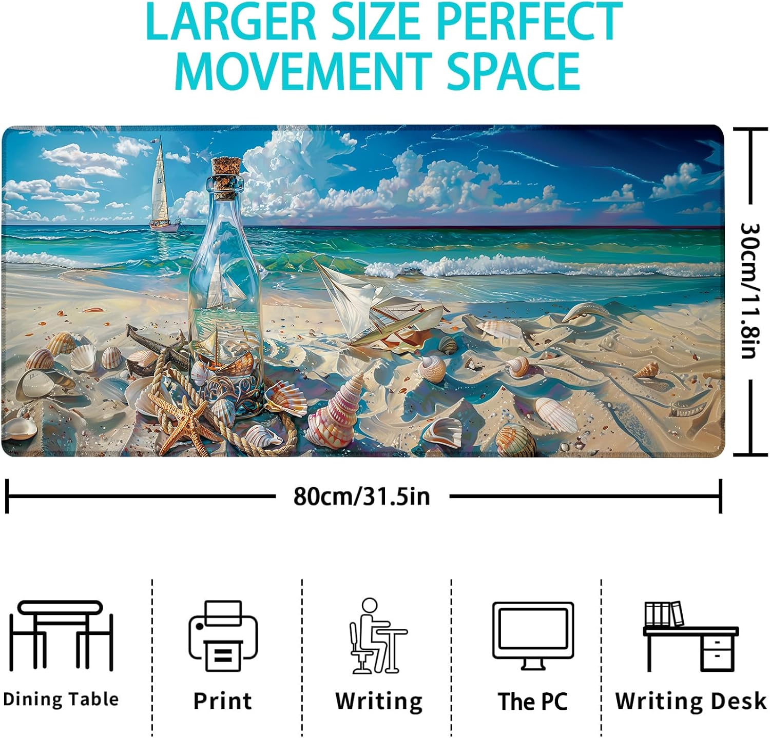 Beach Theme Gaming Mouse Pad, Mouse Pad, Desk Mat, Non-Slip Rubber Base MousePads for Computers Laptop Office School Home Accessories Decor Gifts 31.5" x 11.8" image 3