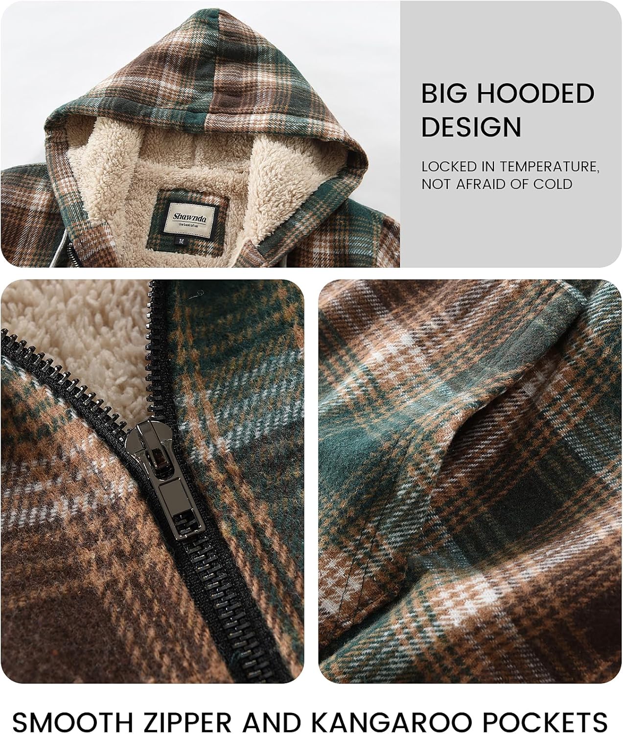 Shawnda Women's Flannel Casual Plaid Full Zip Up Sherpa Lined Hoodie Jacket Coat with Pockets - Image 7