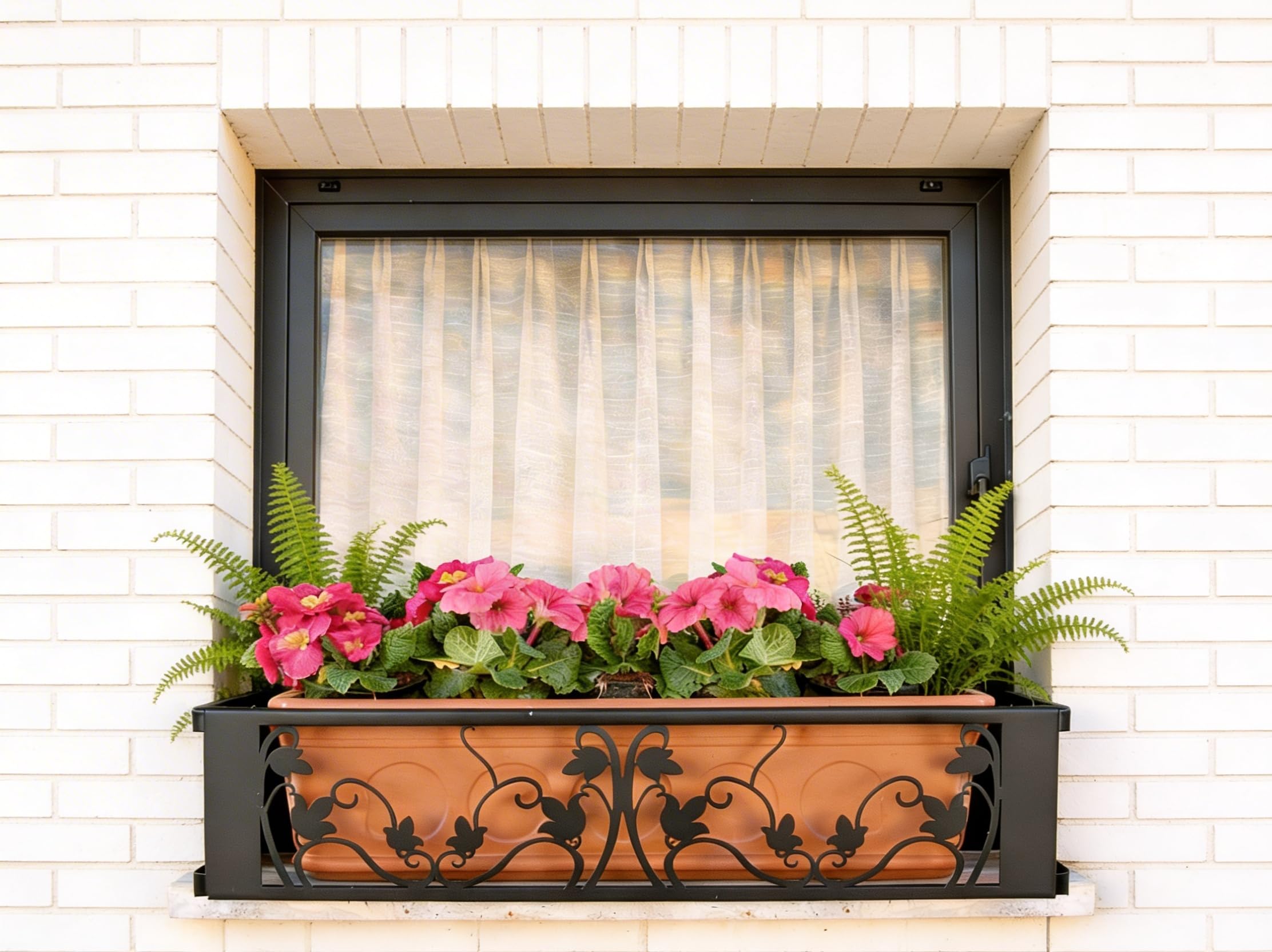 Balconcillo para Macetas, Balconcillo para Plantas, Portamacetas Ventana, Protector de macetas, Modelo Floral Extensible 60-100 cm, Negro Forja