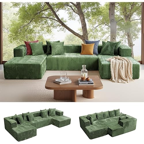 130'' U Shaped Sectional Couches for Living Room, Modular Boneless Cloud Sofa with 2 Chaise Lounges, 4-in-1 Flexible Combination Layered Foam Cushion Deep Seat Corner Couch, No Assembly (Green)