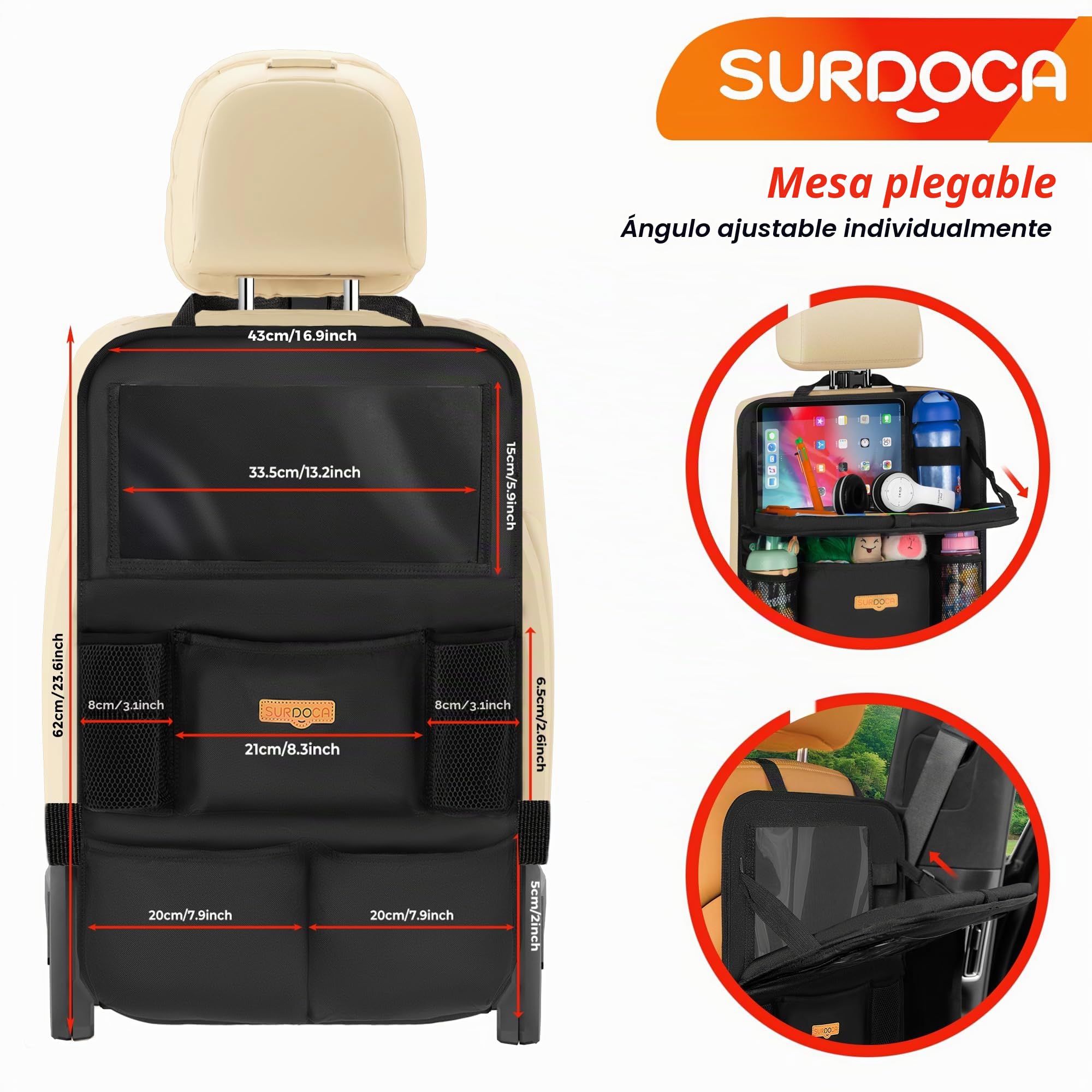 SURDOCA Organizador de asiento trasero de coche con bandeja plegable para niños y adultos – Nuevo modelo de almacenamiento de asiento con bolsillo táctil para tablet, artículos esenciales para viajes