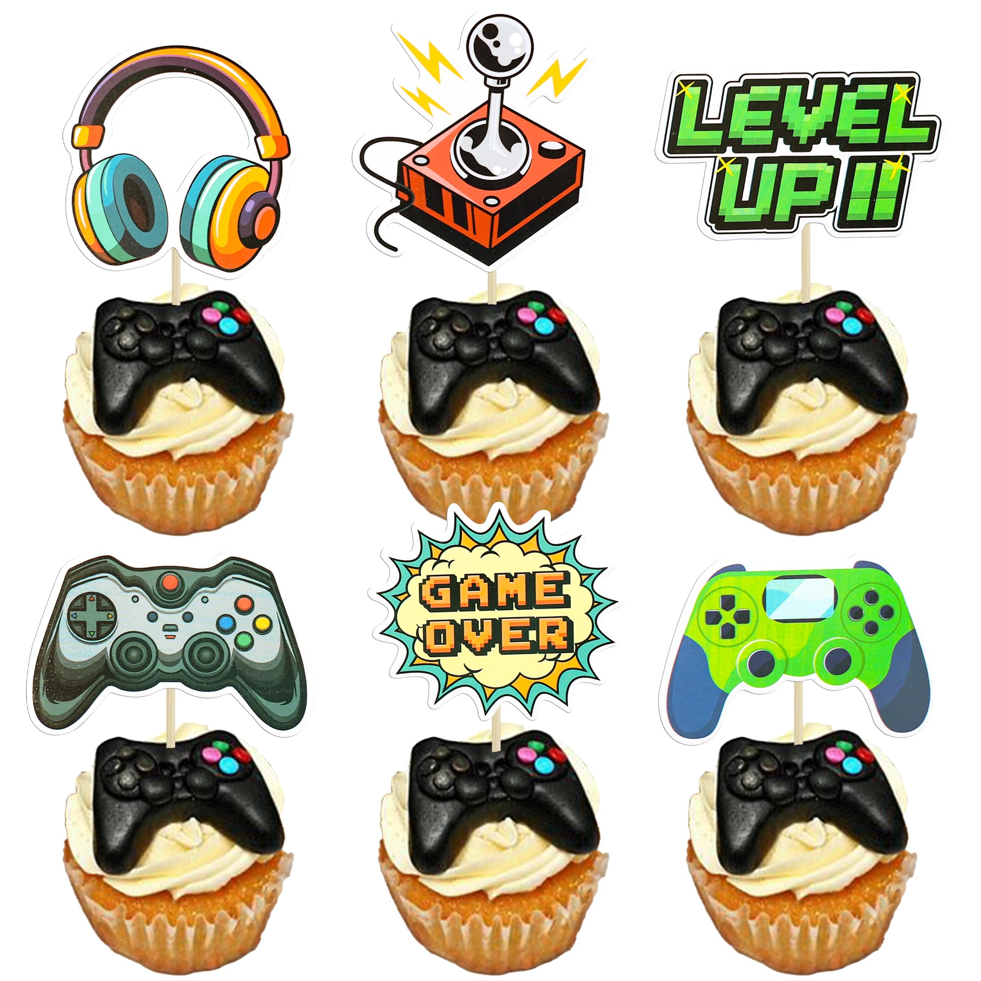 Ephlyn36Pcs Video Game Cupcake Toppers Assembled Game On Controllers Cupcake Picks GamePad Cake Decorations for Game Theme Baby Shower Birthday Anniversary Party Decorations Supplies