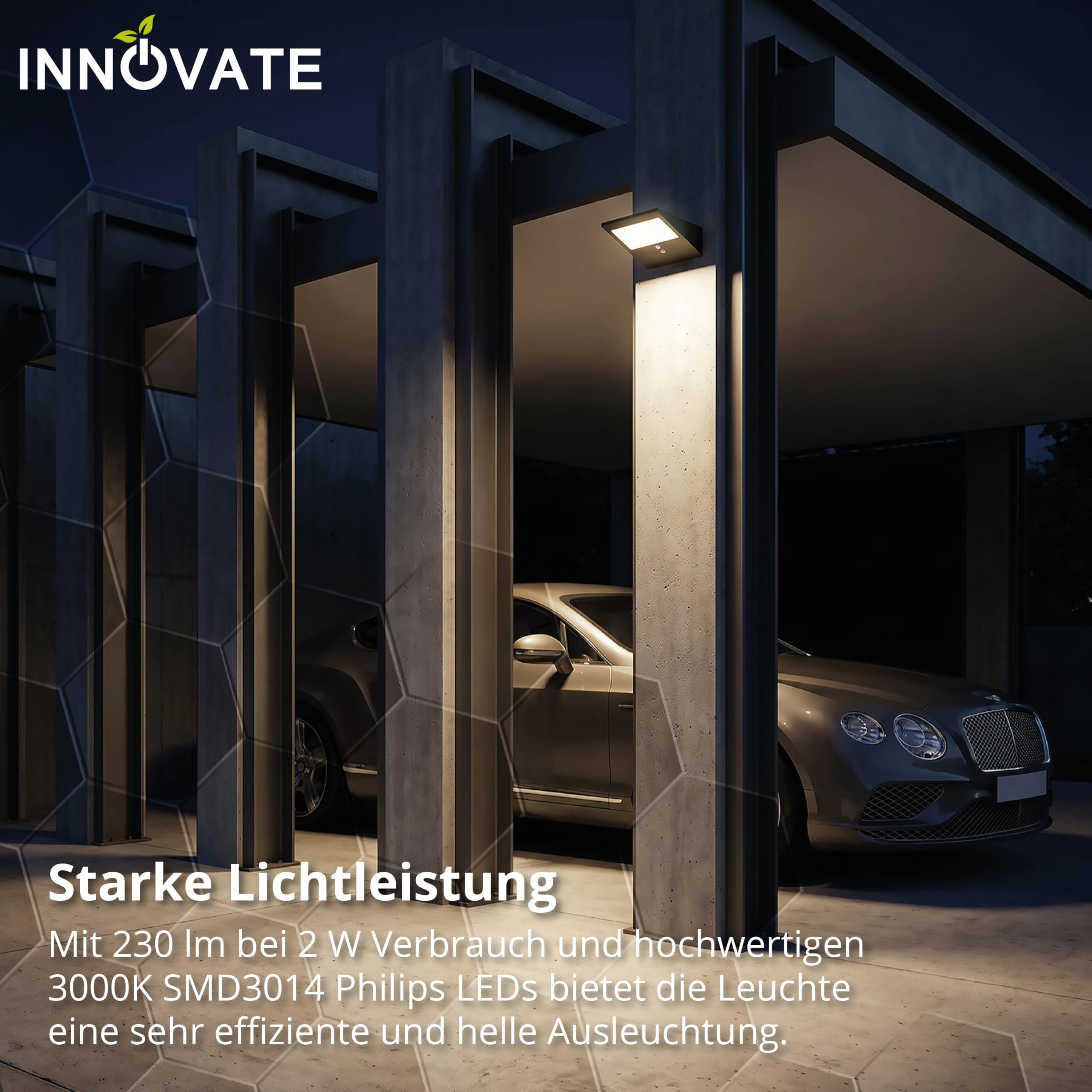 INNOVATE LED Aussenlampe mit Bewegungsmelder Solar PIR-Sensor [2W IP54 3000K] Solarlampen für Außen Mit Bewegungsmelder I LED Solarleuchten für Aussen I Aussenbeleuchtung Aussenlampe