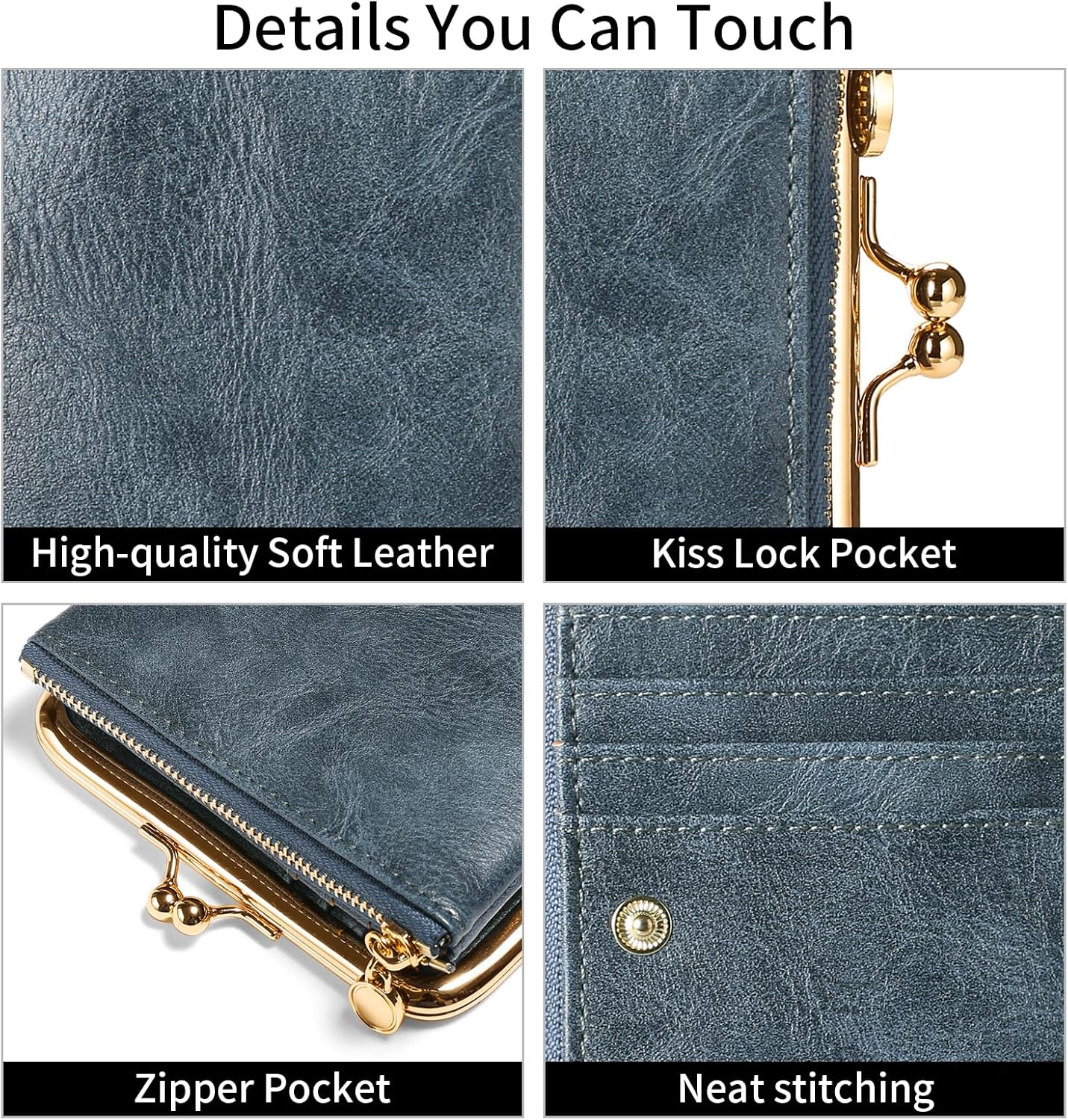 アップルグリーンレザーウォレット：特大ダブルクリップキスロックパース、「ビッグファット」ウォレット - Etsy 日本 本革財布 男女兼用  RFIDブロック 二つ折り ジッパーとキスロック付き ヴィンテージコインパース, ブルー, ヴィンテージ。