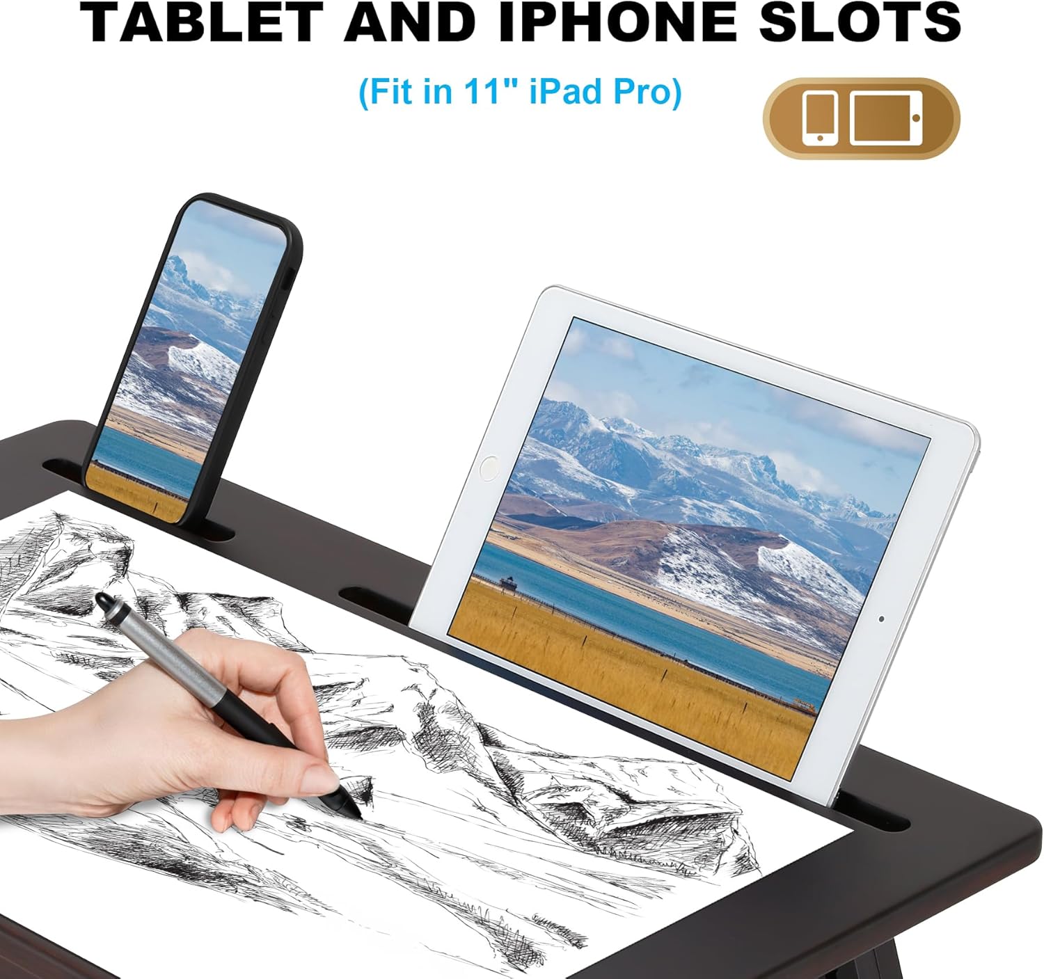 Nnewvante Drawing Table Foldable Drafting Desk with Adjustable Height & Angle Bamboo Drawing Board Easel with Tablet and Phone Slots for Painting, Drafting, Writing, Reading