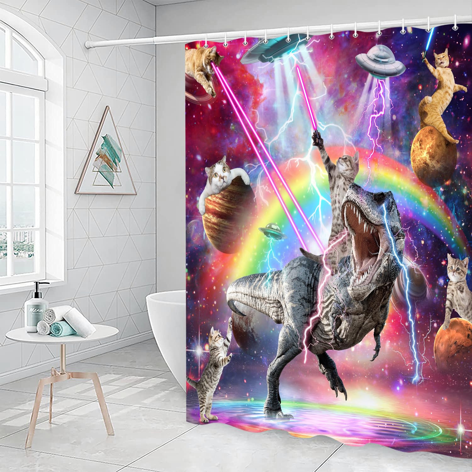 Funny Cat Shower Curtain for Kids, Cool Cat Riding Dinosaur in Fantasy Galaxy Hilarious Bathtub Curtain, Ridiculous Cats Dino Fight in Funky Outer