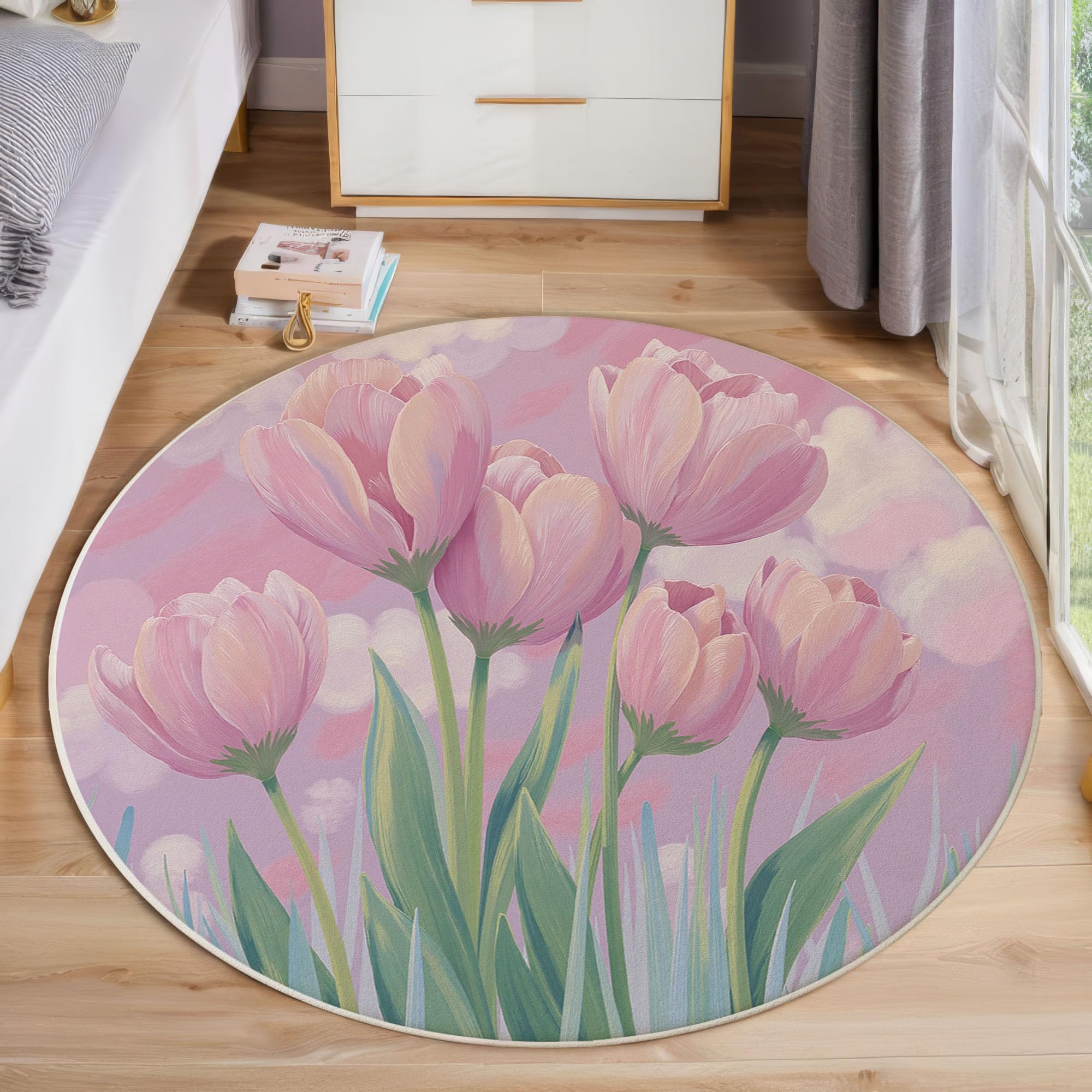 Tapis rond poil bas lavable et moelleux 100cm au décor de nuages et fleurs