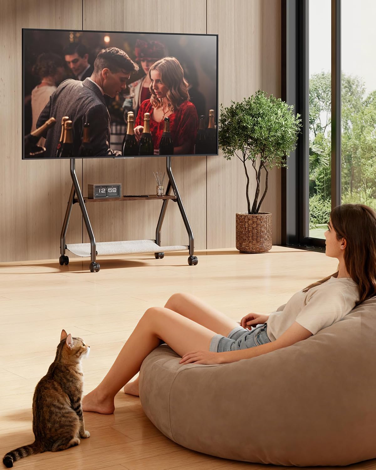 Rolling TV Stand with Cat Hammock for 32–75 Inch LCD LED Flat Curved Screens up to 132 lbs, Mobile TV Cart with Removable Pet Bed, Floor TV Stand with Wheels and Shelves for Living Room (Black)