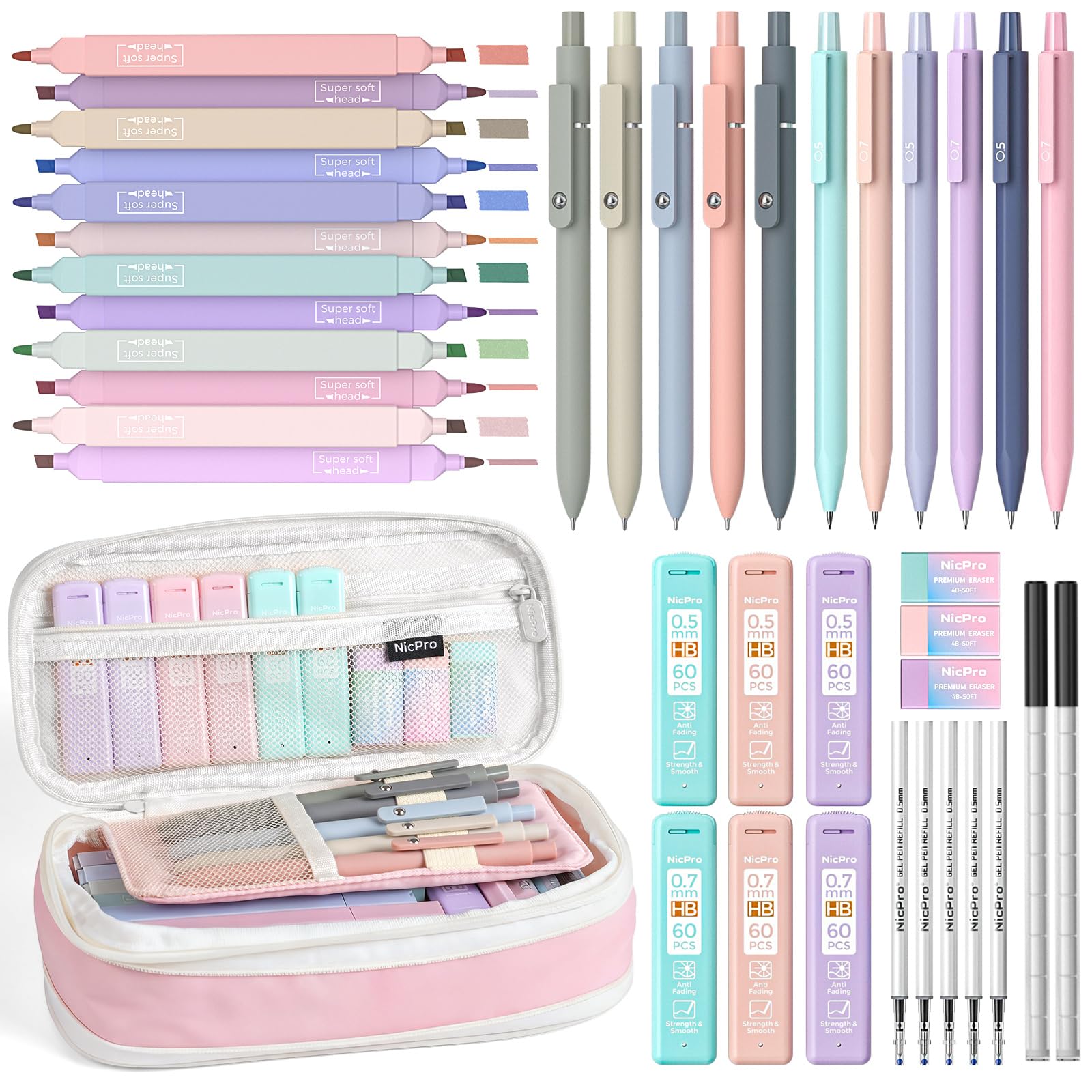 Nicpro 39 PCS Aesthetic School Supplies with Cute Pink Pencil Case, 12 Pastel Highlighters, 5 Quick Dry Black Ink Pens, 6 Mechanical Pencil 0.5 & 0.7 mm for Girls Student Stationary College Essentials
