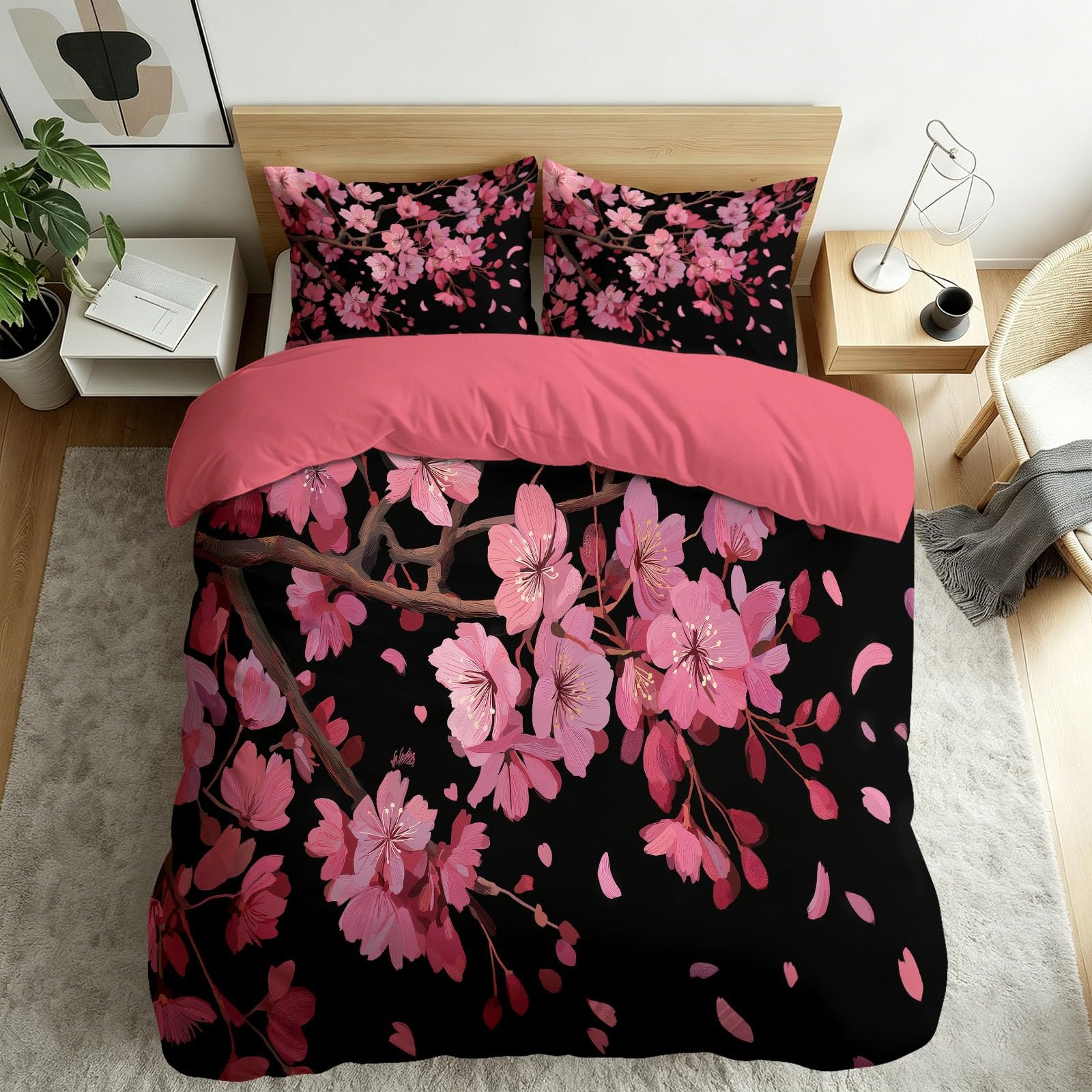 Housse de couette 200x200 cm à motif fleurs de cerisier rose pour lit deux personnes