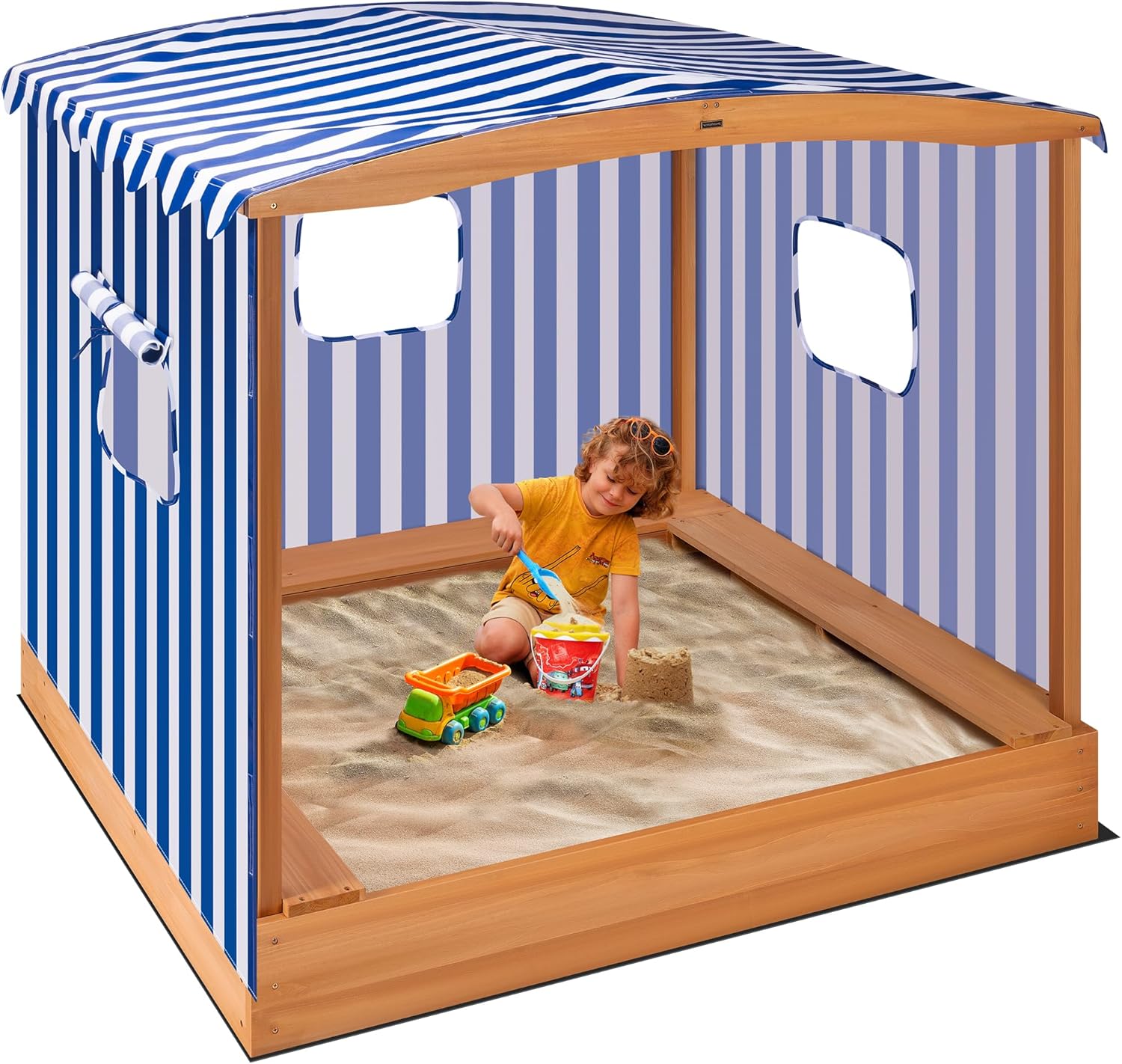 VIVOHOME 58x48in Wood Sandbox with Detachable UV-Blocking Canopy & Ventilation Windows, Spacious Outdoor Play Area with 3 Sturdy Benches, Bottomless Drainage Design for Kids 3+