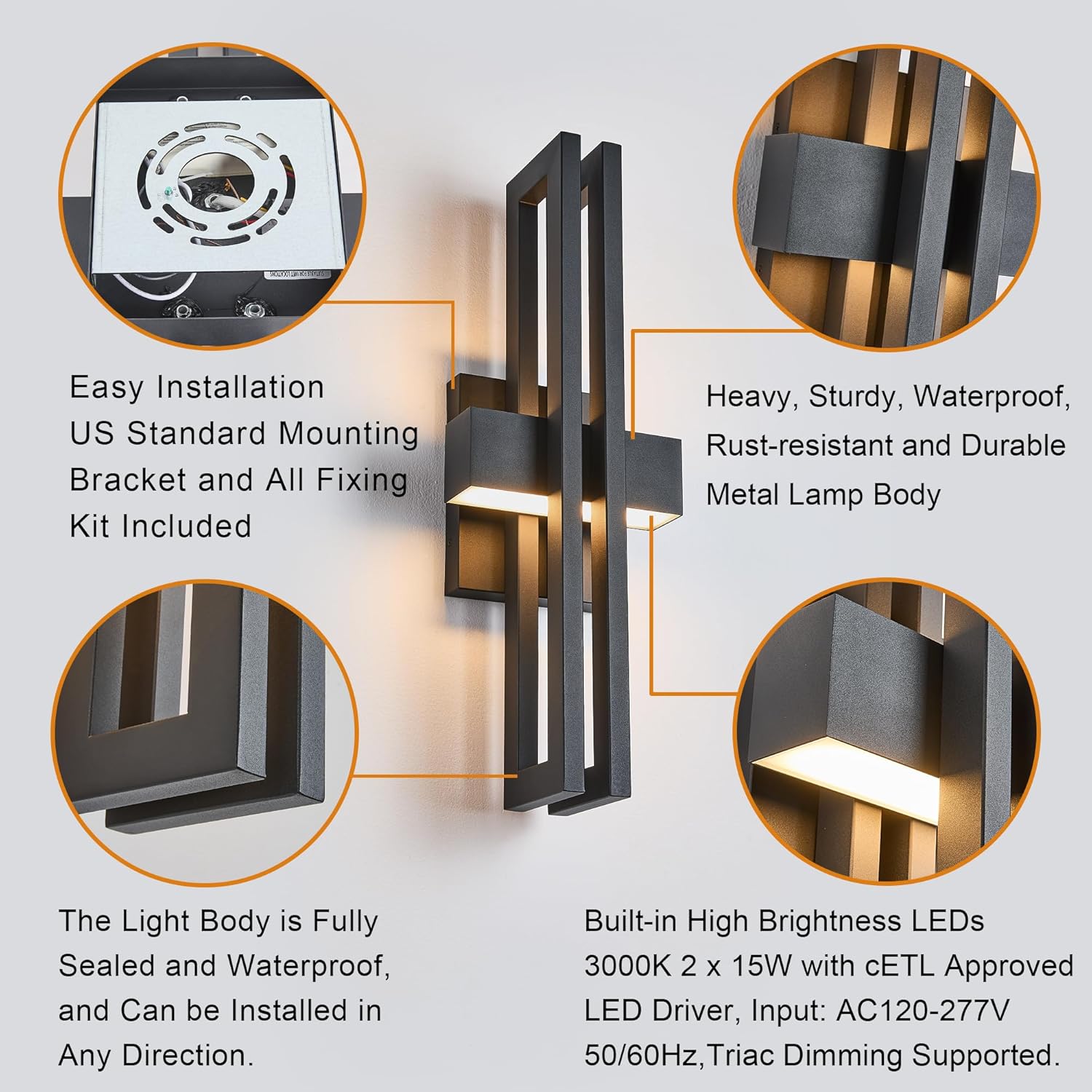 23Inch Large Modern Minimalist Outdoor Wall Light, IP65 Waterproof, 3000K Warm White, 2x15W Integrated LED, Textured Black Finish for Garden, Garage, Patio & Indoor Use