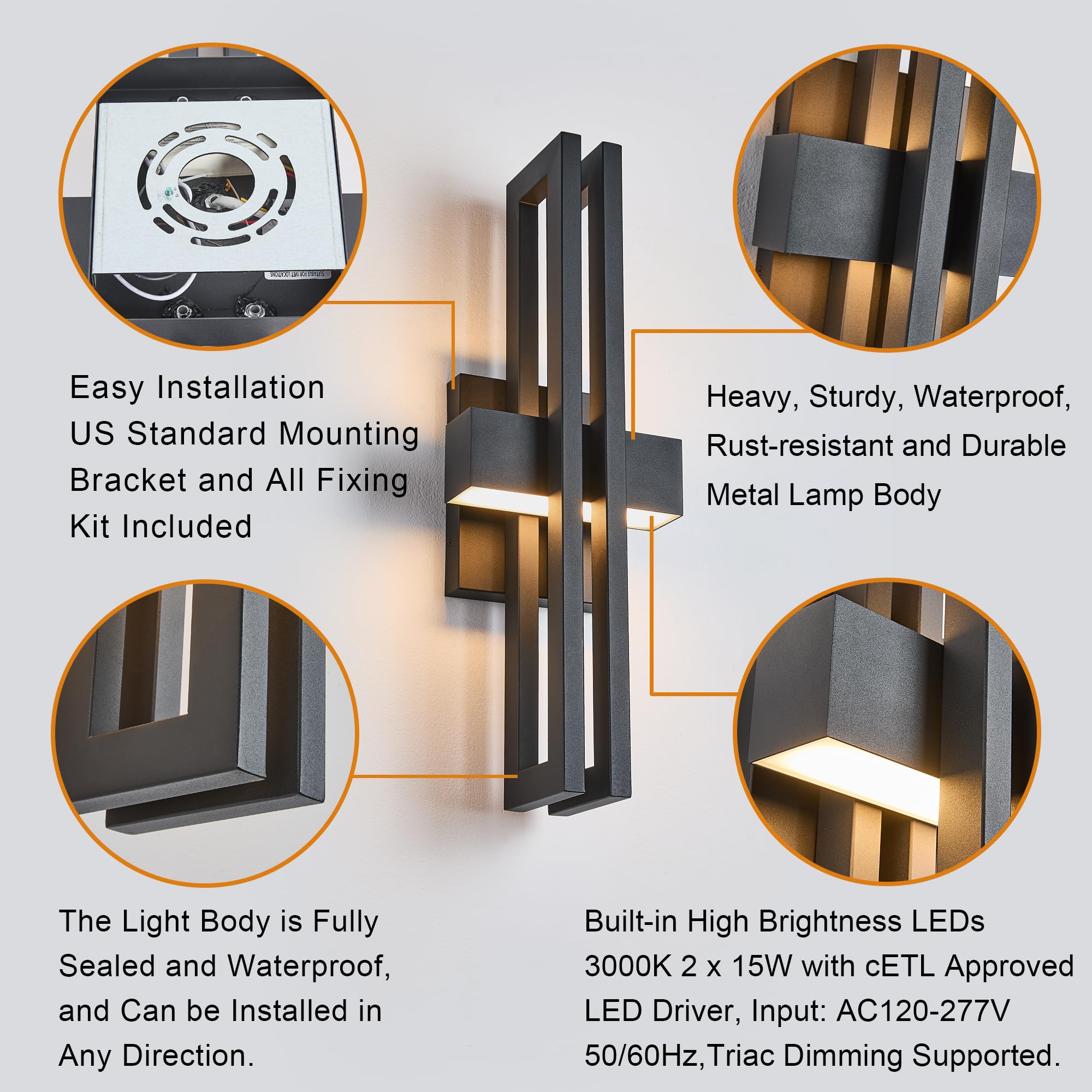 23Inch Large Modern Minimalist Outdoor Wall Light IP65 Waterproof 3000K Warm White 2x15W Integrated LED Textured Black Finish — view 7