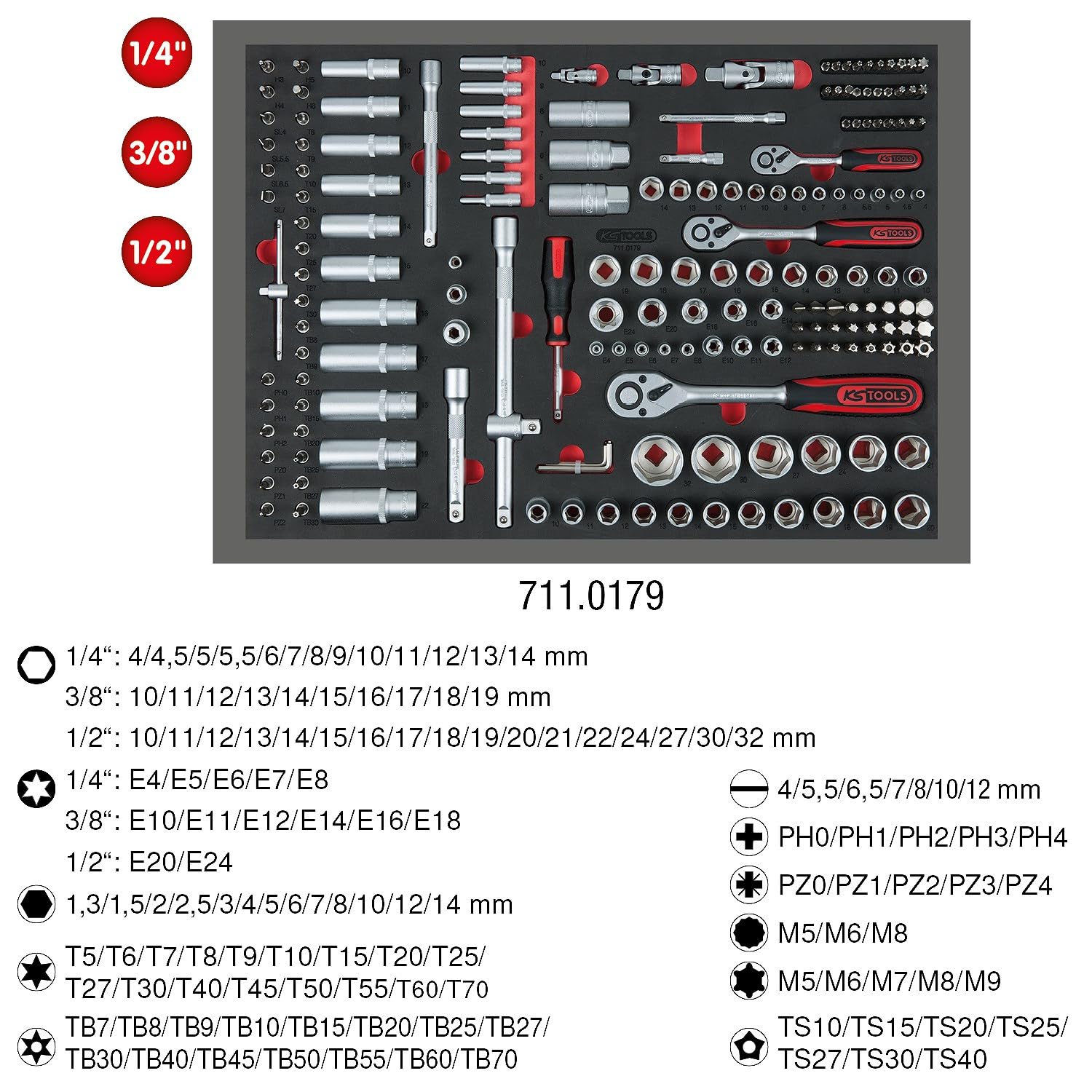 KS Tools 1/4'+3/8'+1/2' Steckschlüssel-Satz, 179-tlg. in 1/1 Systemeinlage