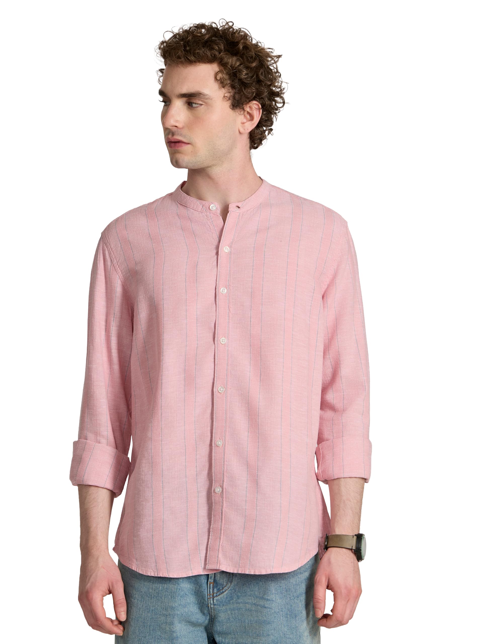 Salvator Band Collar Striped Shirt-image-21