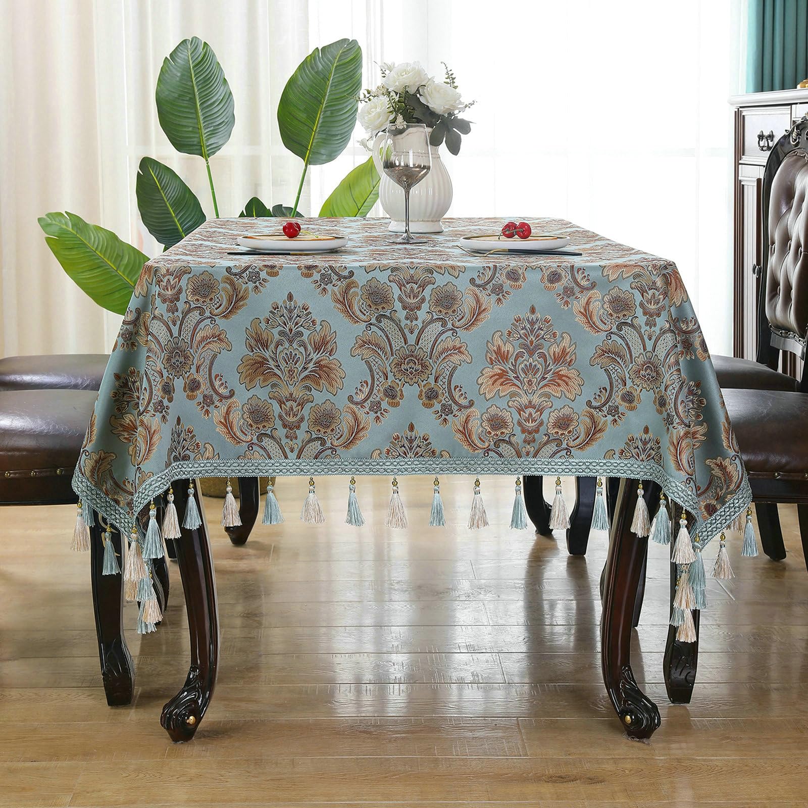 Tischdecke 150x220 cm, Stickerei mit Quasten Polyester, Blau